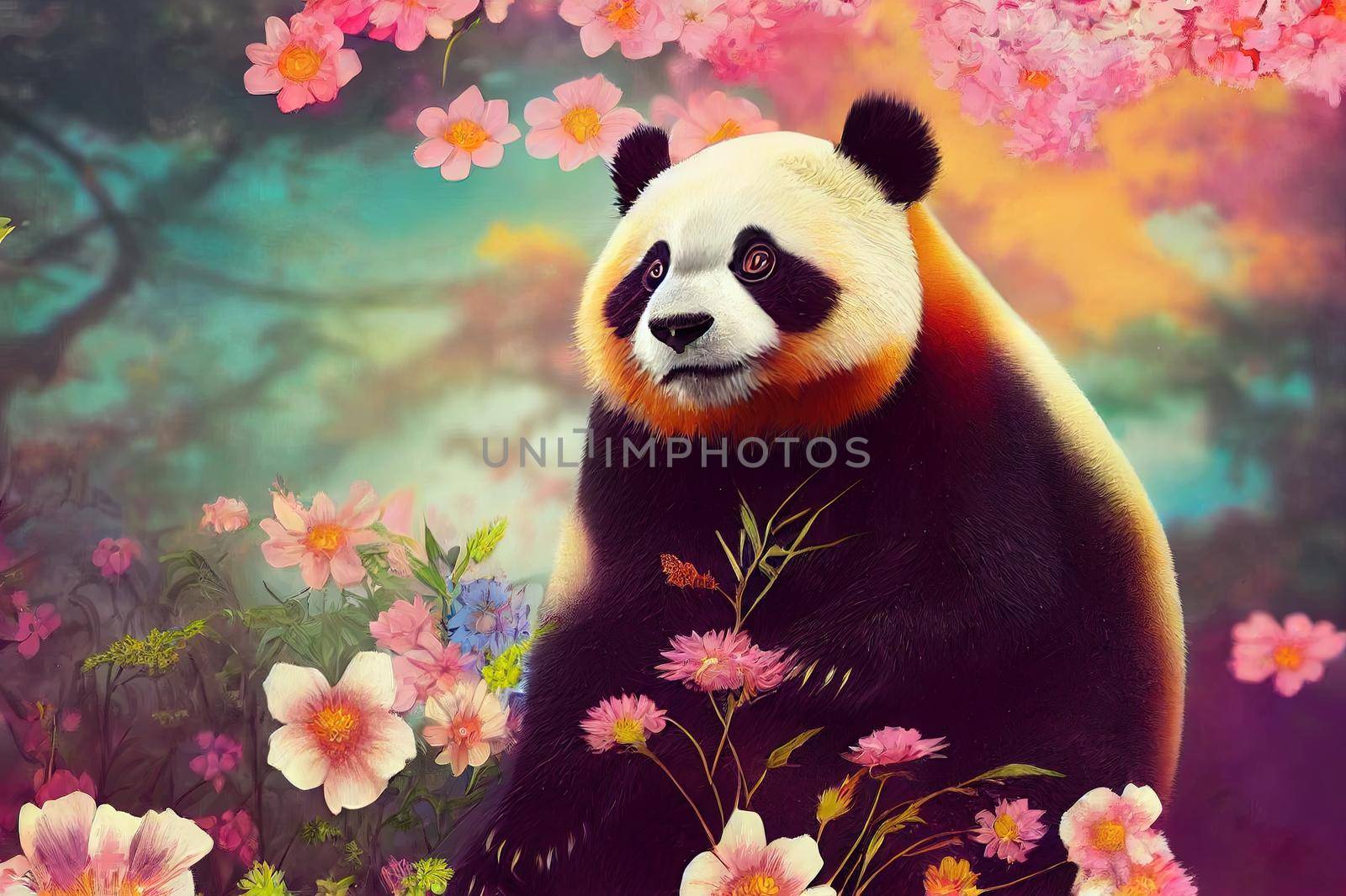 A fantasy Japanese panda in the midst of colorful flowers in a magical enchanted place. Artistic abstract beautiful animal. Perfect for phone wallpaper or for posters. 3D Rendering. 3D Illustration