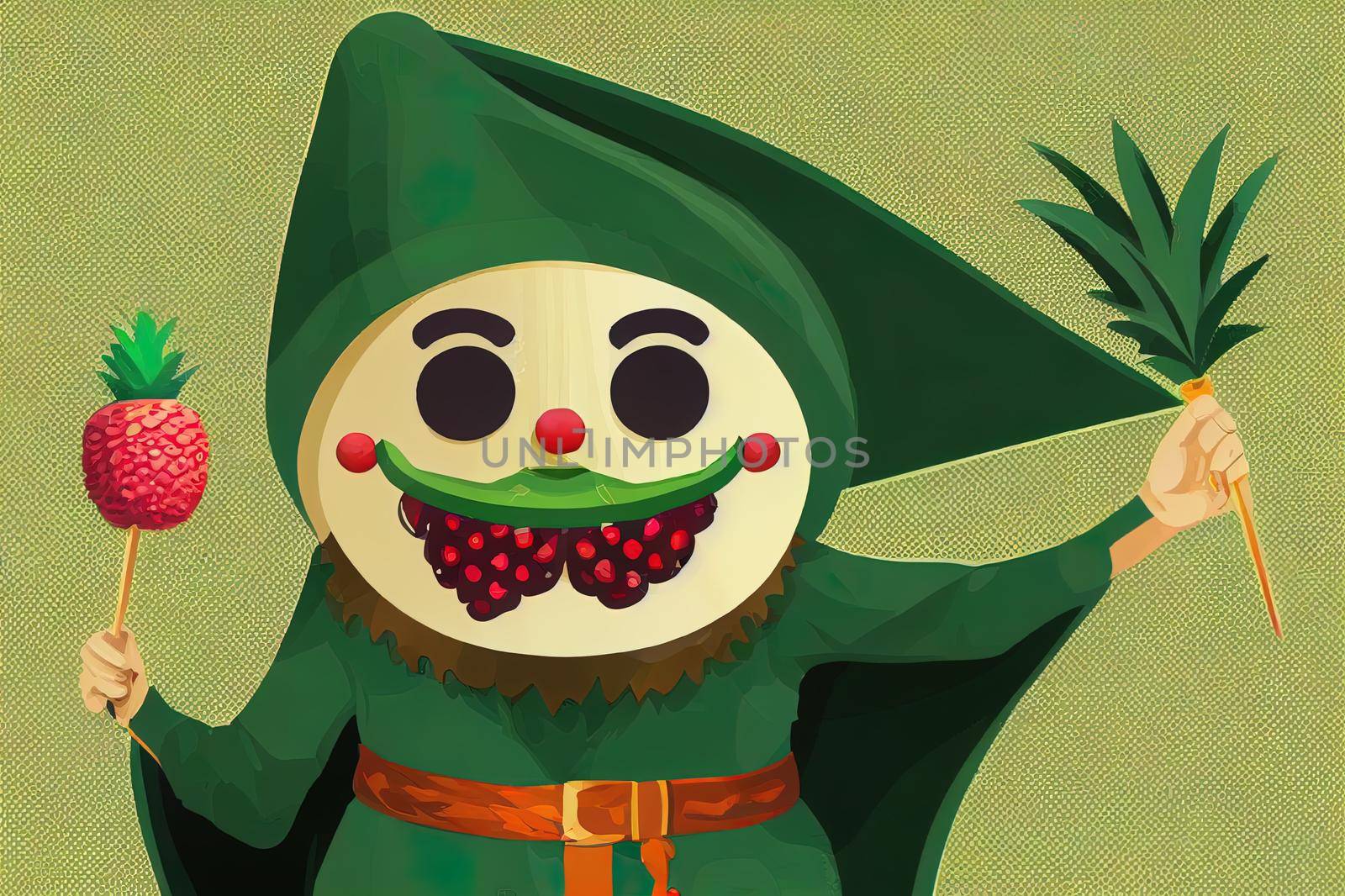 Cartoon kiwi fruit wizard or magician character. Funny sorcerer, magic personage in green hat and cape. Smiling wiz with cute face and arms akimbo. Tropical fruit enchanter or necromancer