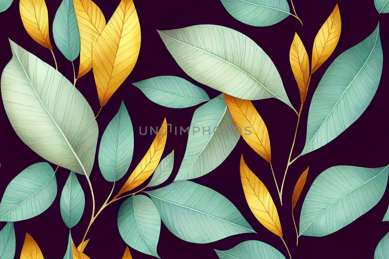 Dark tropical leaves seamless botanical pattern. Night jungle leafy background. Autumn foliage allover repeating print