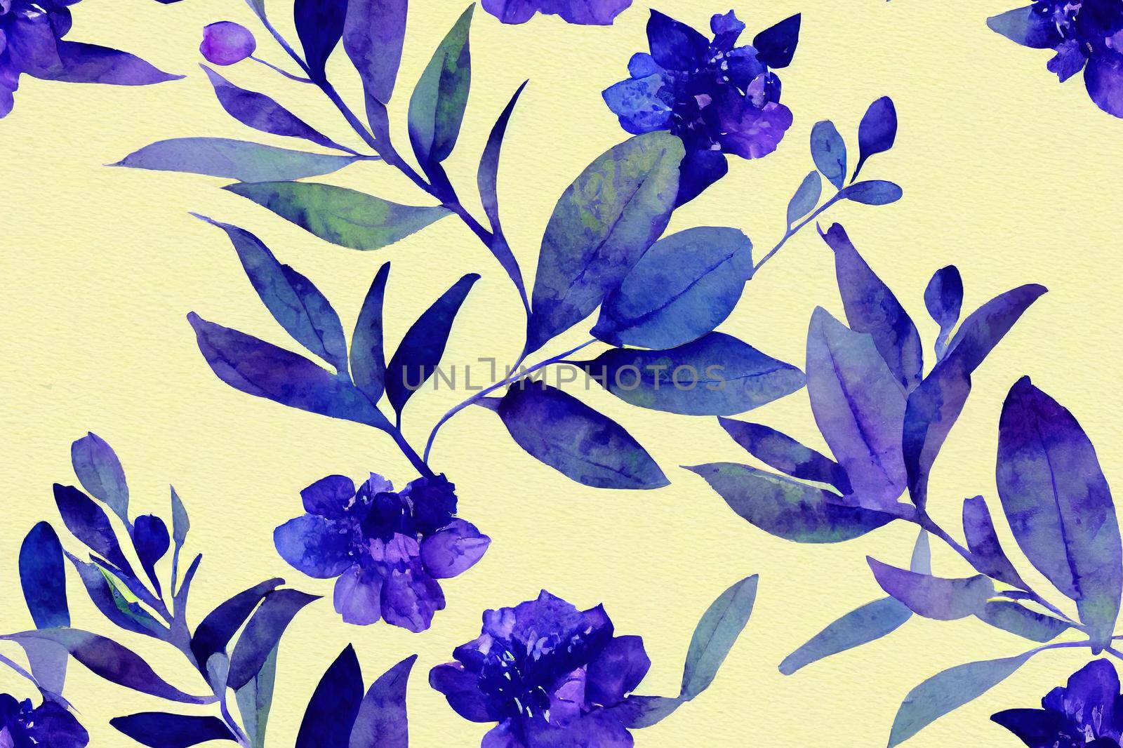 Watercolor floral seamless pattern. Lovely bouquets of blue flowers, leaves, herbs and fruits and buds isolated on white background. Painted with love.