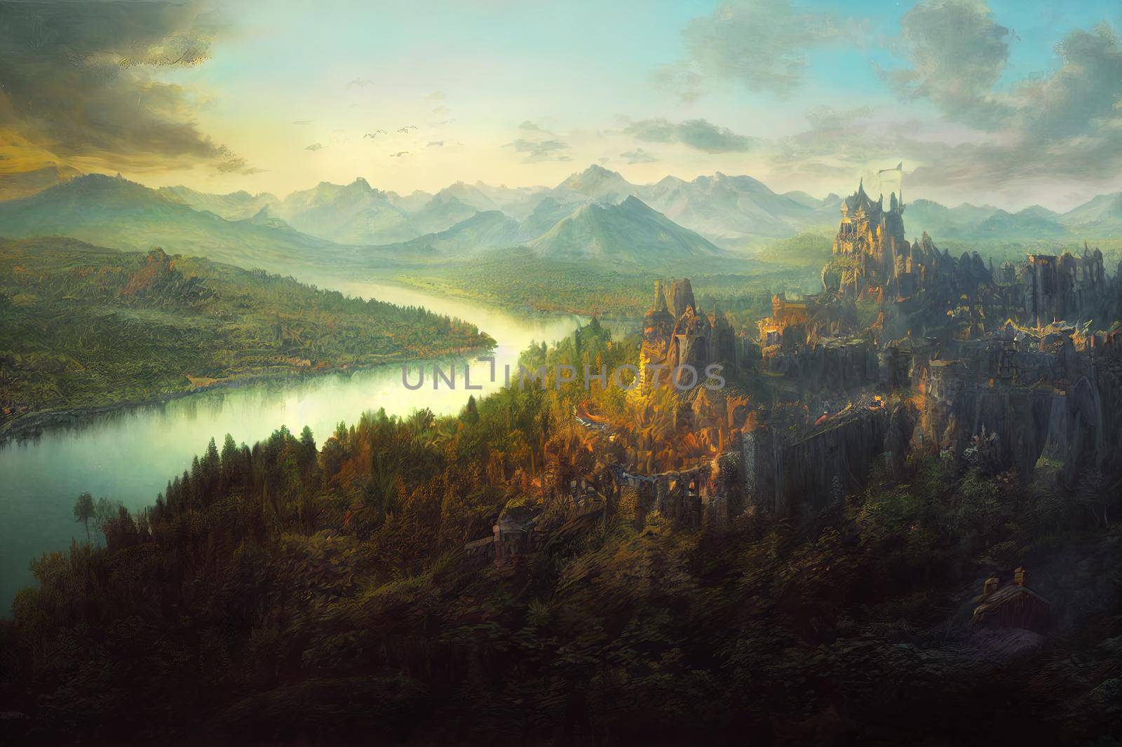 fantasy landscape castle from hill. High Quality Illustration