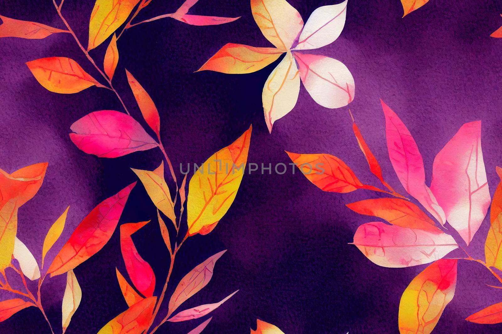Watercolor seamless pattern, background with vintage pattern. Pink, yellow bush, tree, beautiful autumn landscape in pink, purple color. On a black background. Stylish fashion illustration.