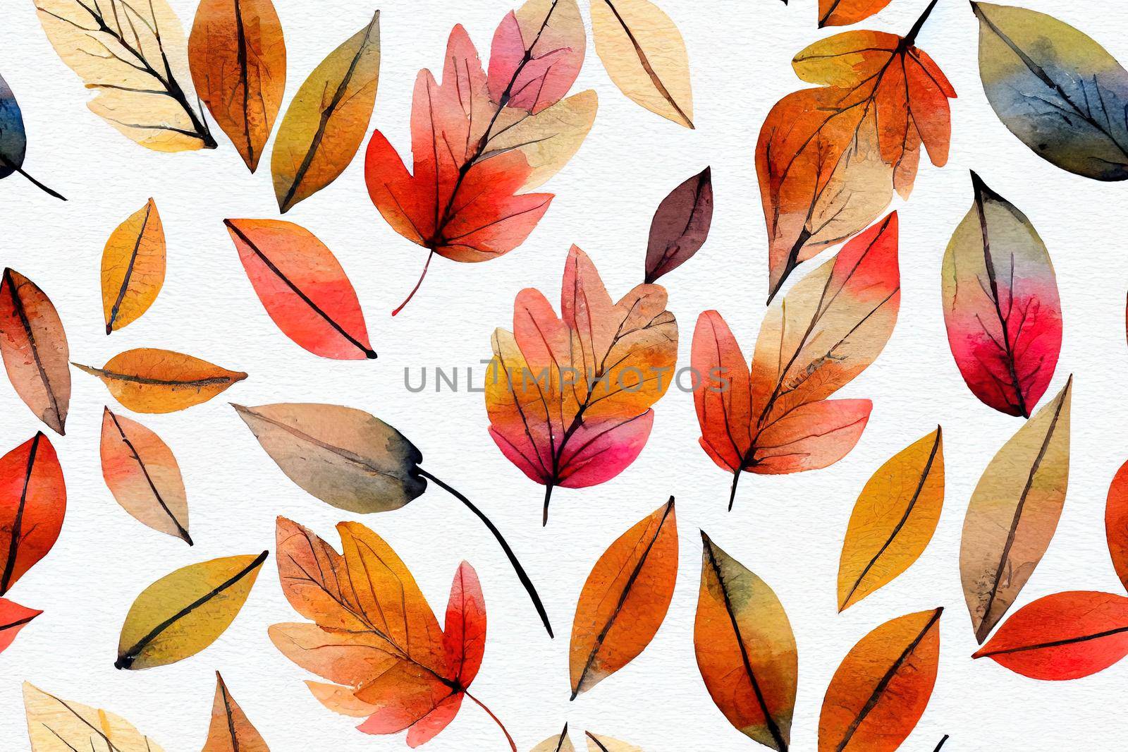 Watercolor hand painted seamless pattern with autumn leaves, rowan branches on white background. Perfect for fall or thanksgiving design. Digital Paper for wrapping, textile, scrapbook or background.