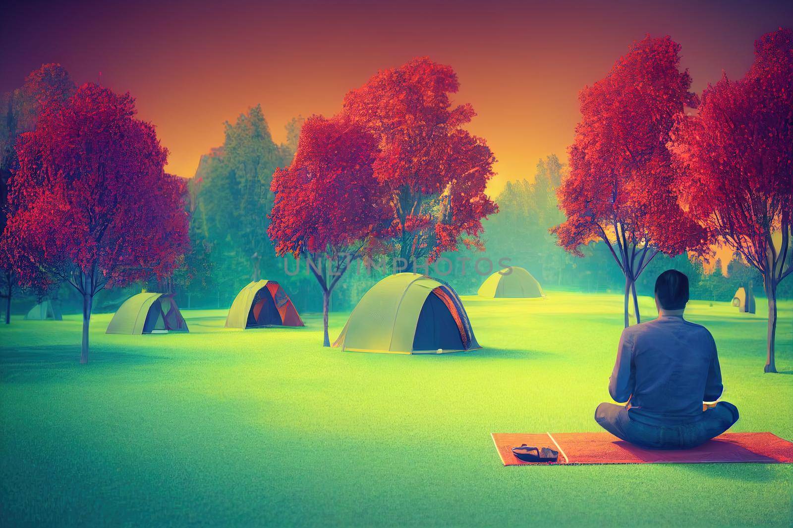 Casual young guy in headphones enjoys nature with a cup of tea in his hand sits in a red tent near the bonfire. Autumn camp on a green lawn with blue purple trees. 3d render isolated on white backdrop