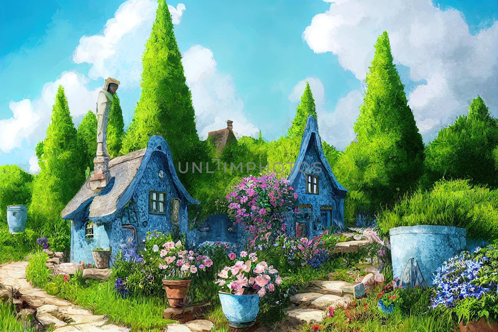 An illustration of the small medieval fantasy garden house in a town with many cute flower pots and beautiful blue sky scenery.