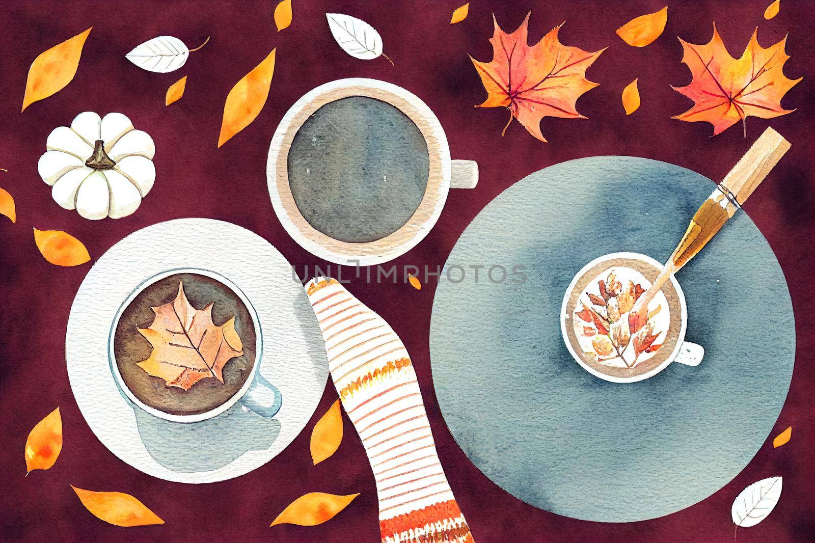 Watercolor trendy cozy autumn illustration old vintage book, knitted socks, pumpkin, autumn leaves, cotton, hydrangea, mug of cocoa. Hand drawn Hygge watercolor illustration for sticker, invitation