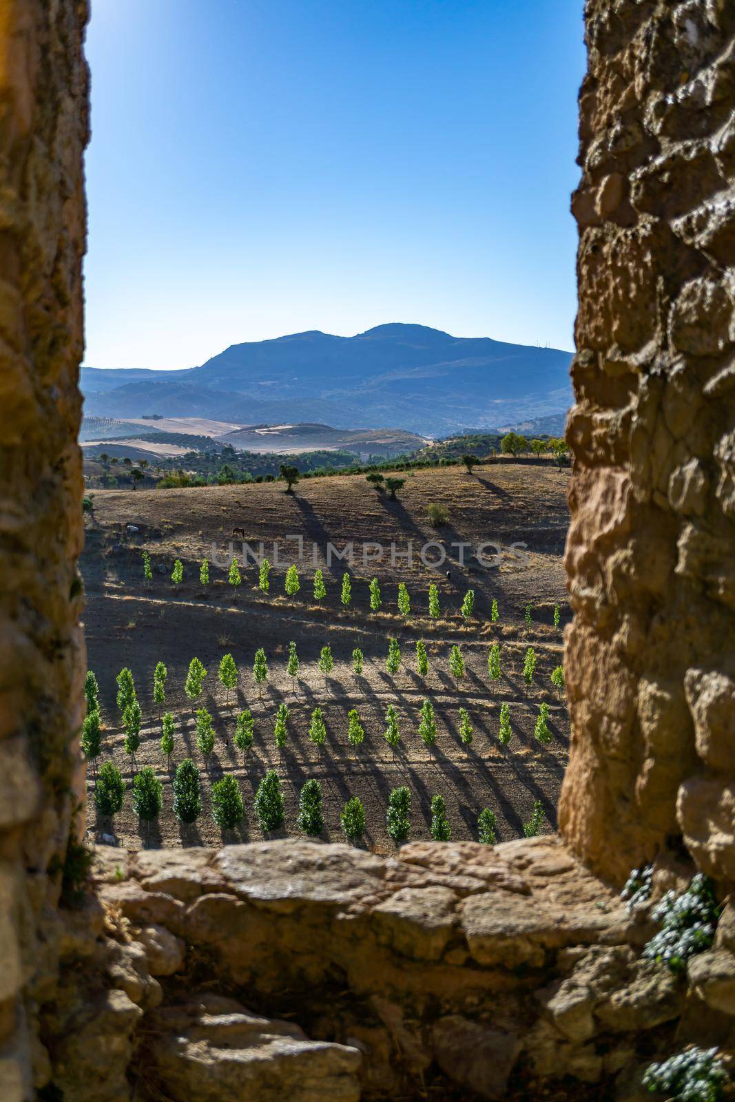 walls of the city of ronda malaga view through a window with the countryside in the background