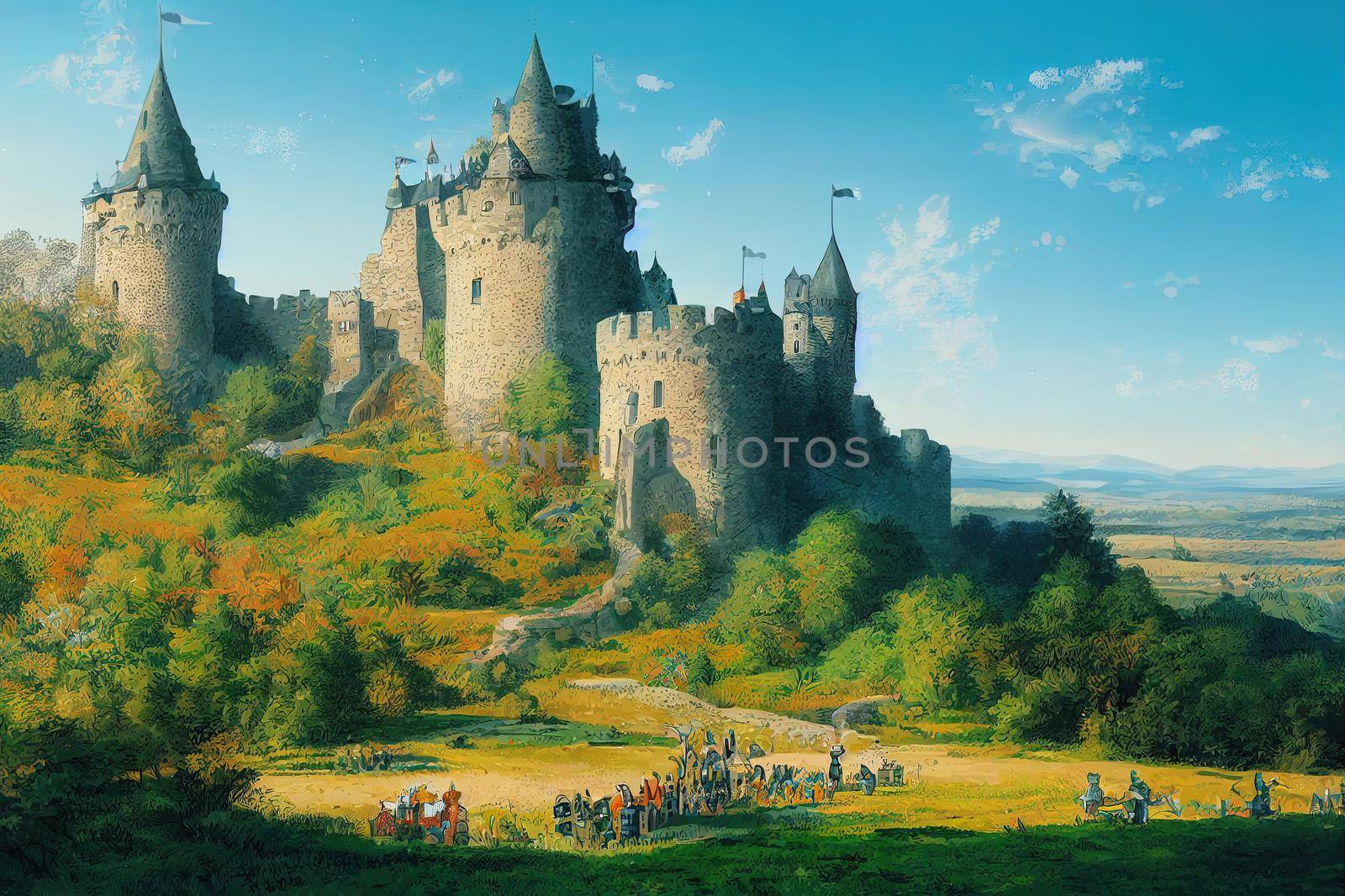 A landscape illustration of the medieval fantasy fortified castle by 2ragon