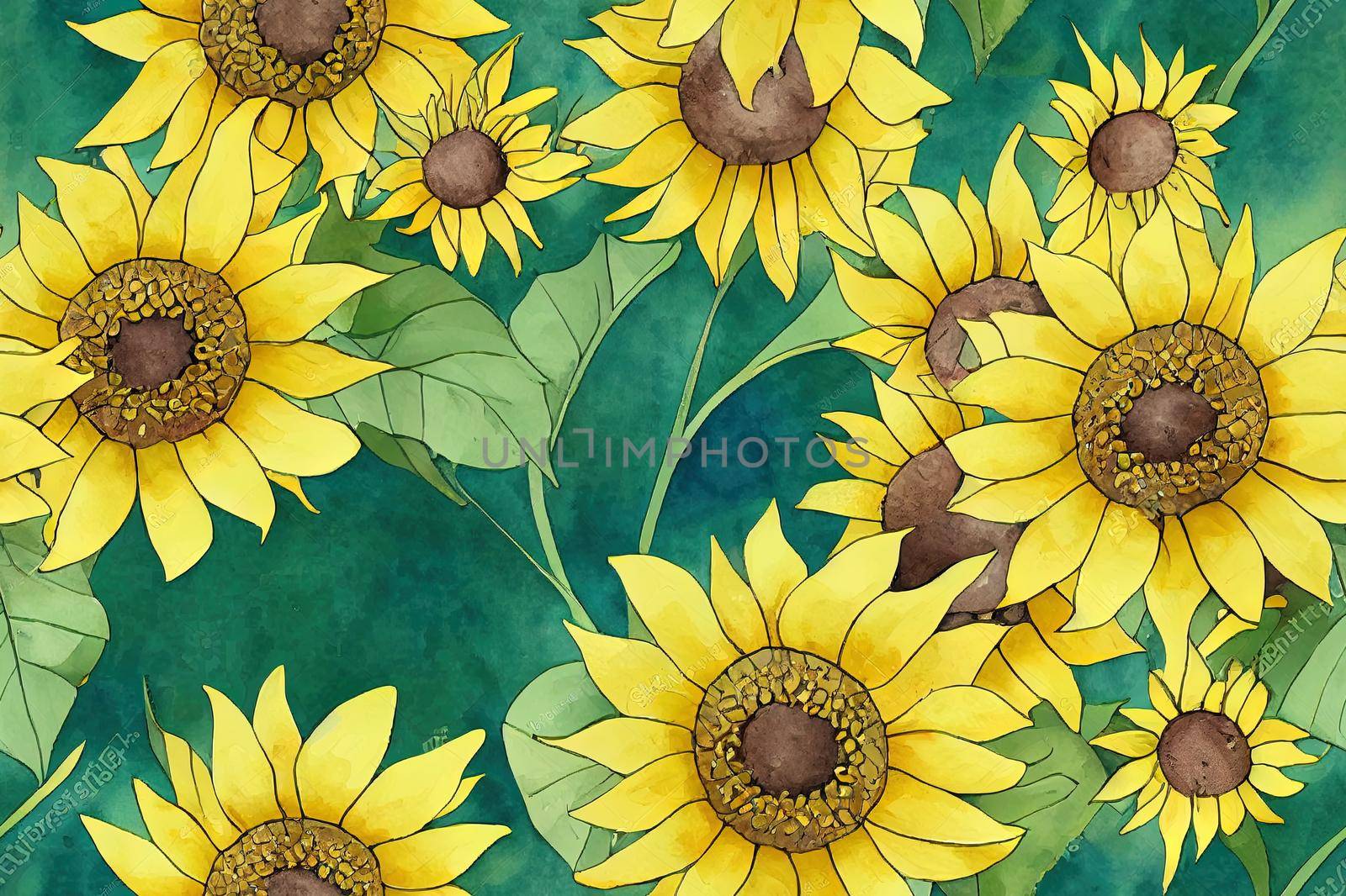 Seamless pattern with sunflowers on dark background. Summer illustration. High quality 3d illustration