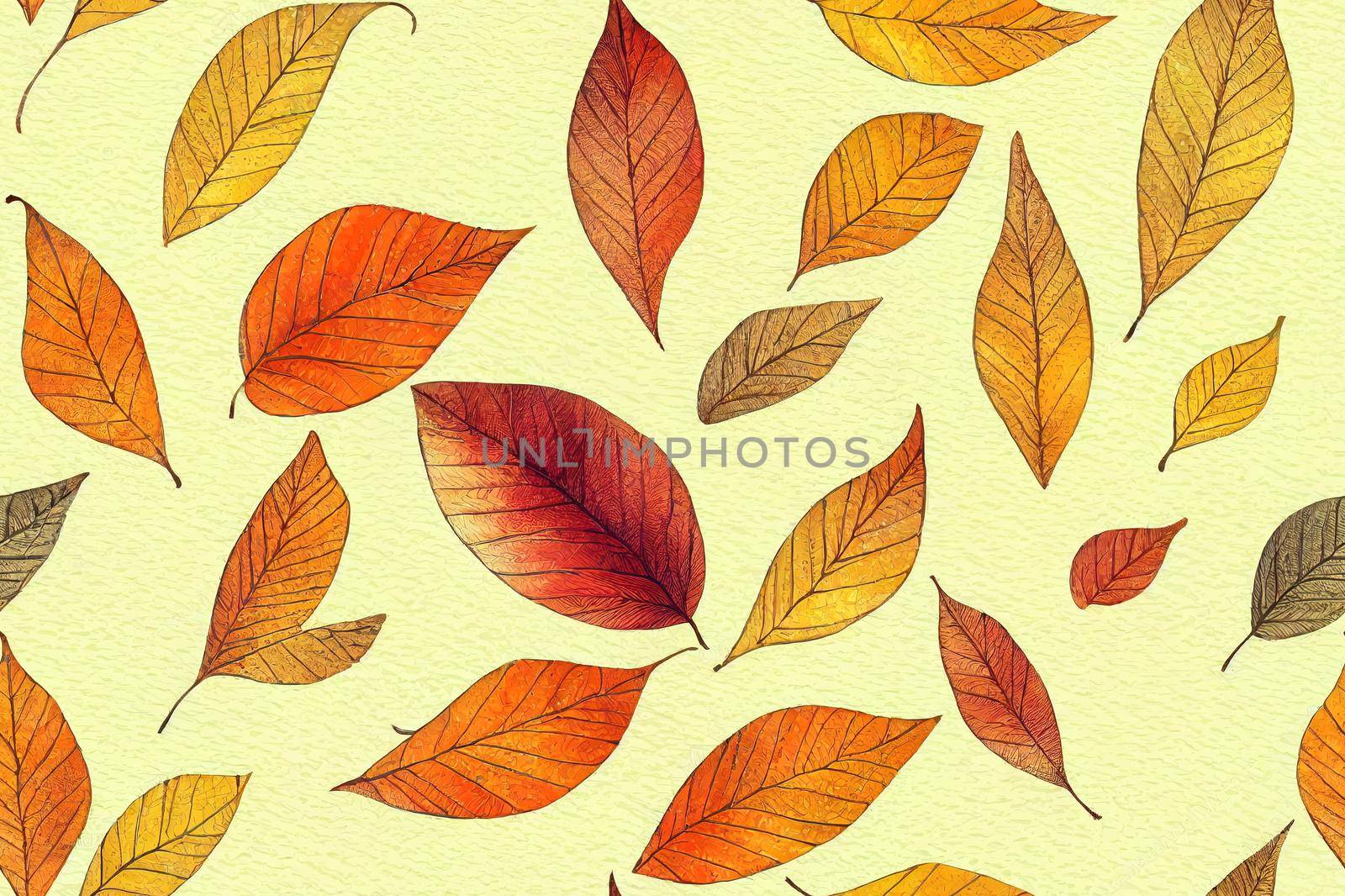 Seamless pattern with yellow and orange autumn leaves on a white background, hand drawn in watercolor. Design for fabric, paper, wrapping.