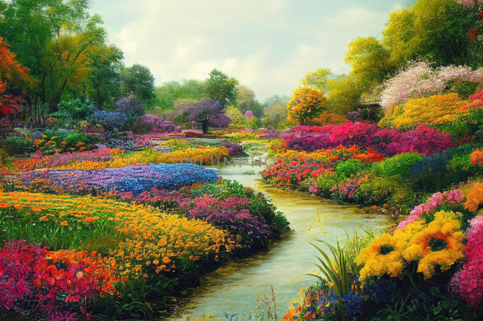 Beautiful colorful garden with flowers, trees and little rivers
