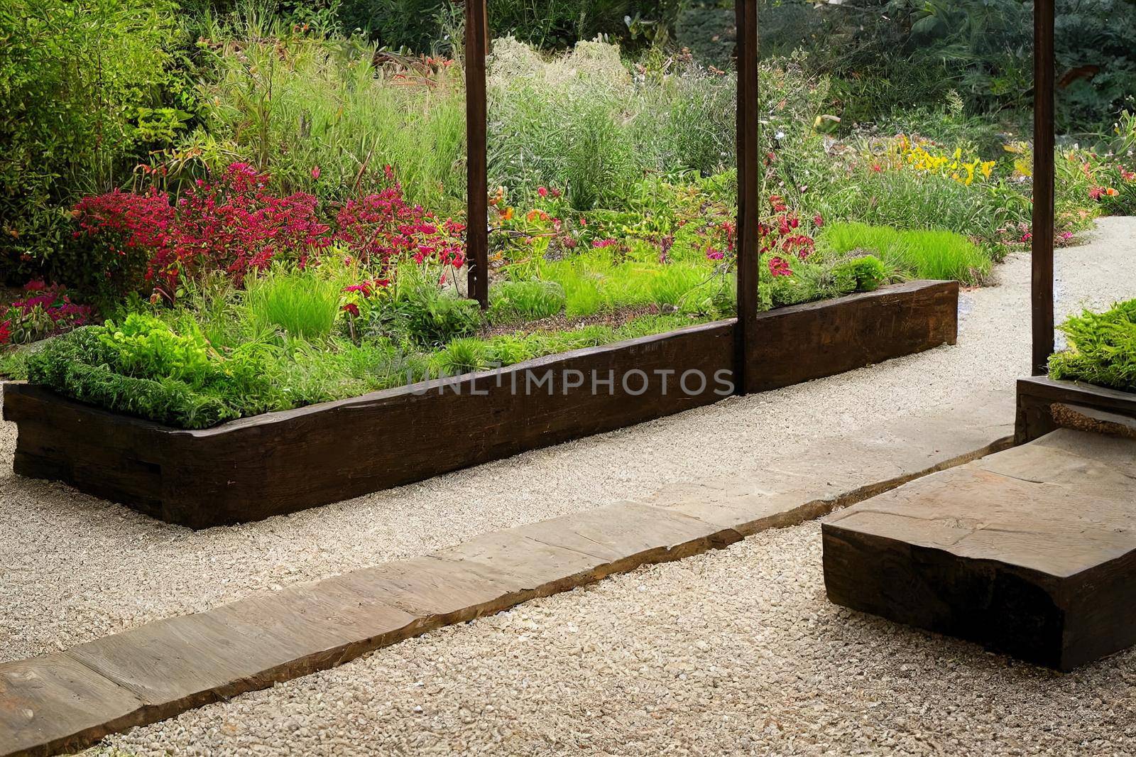 Vintage or rural garden design Enchanting wooden brown bench put on the gravel floor and in front of a natural stone wall overgrown with wild vine plants