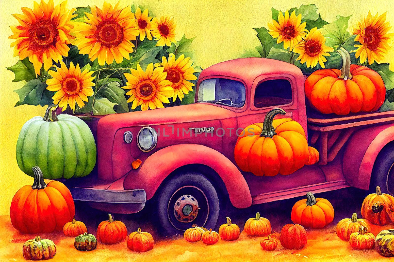 Watercolor Pumpkin Truck,Autumn Harvest Truck,Thanksgiving arrangement,Pick Up Car,Vintage Car with pumpkin and Sunflower,Fall emerald apple harvest truck.