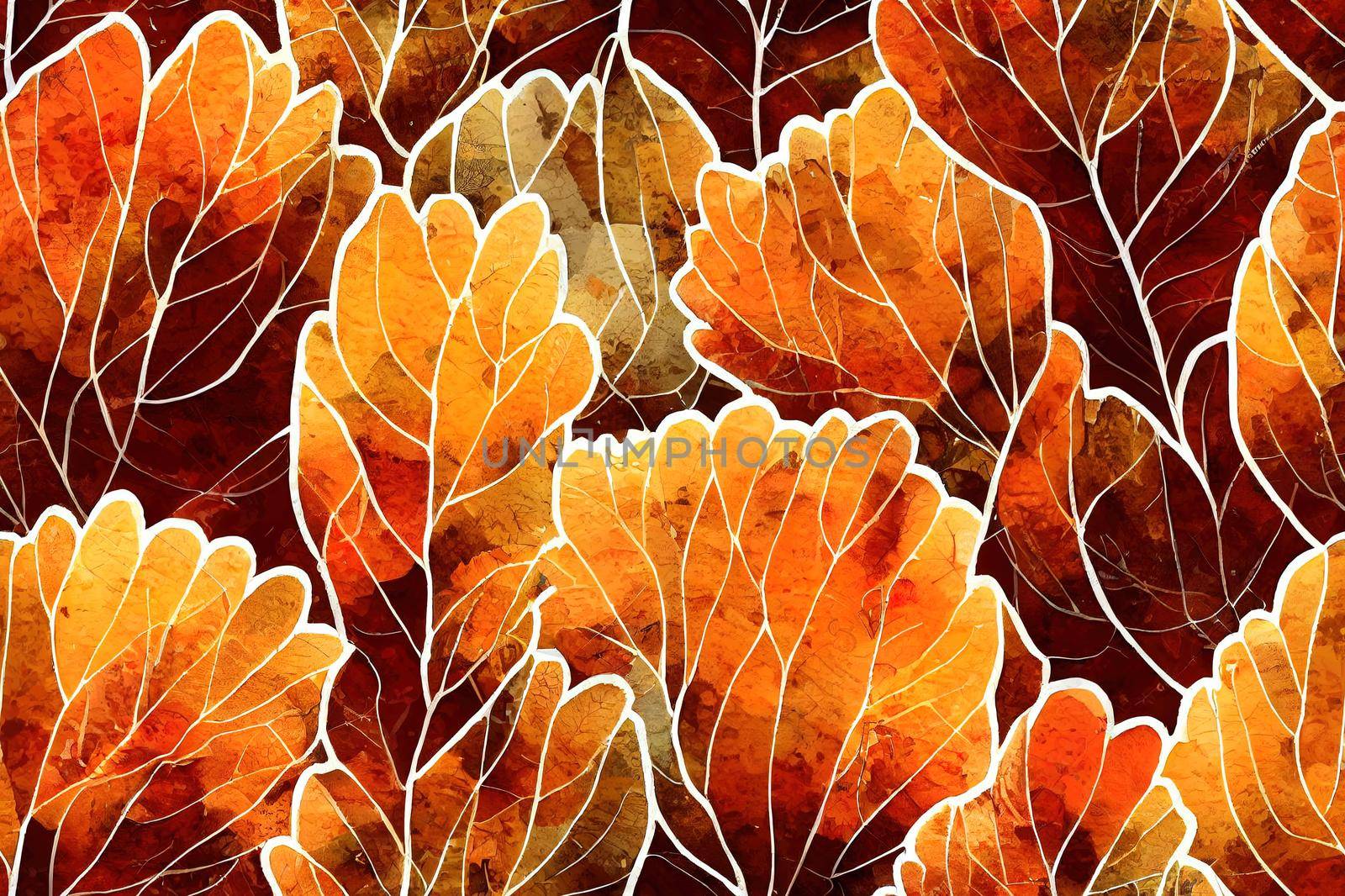 Seamless pattern with autumn trees, pumpkins, autumn leaves, autumn forest elements, harvest, autumn vibes, watercolor texture.