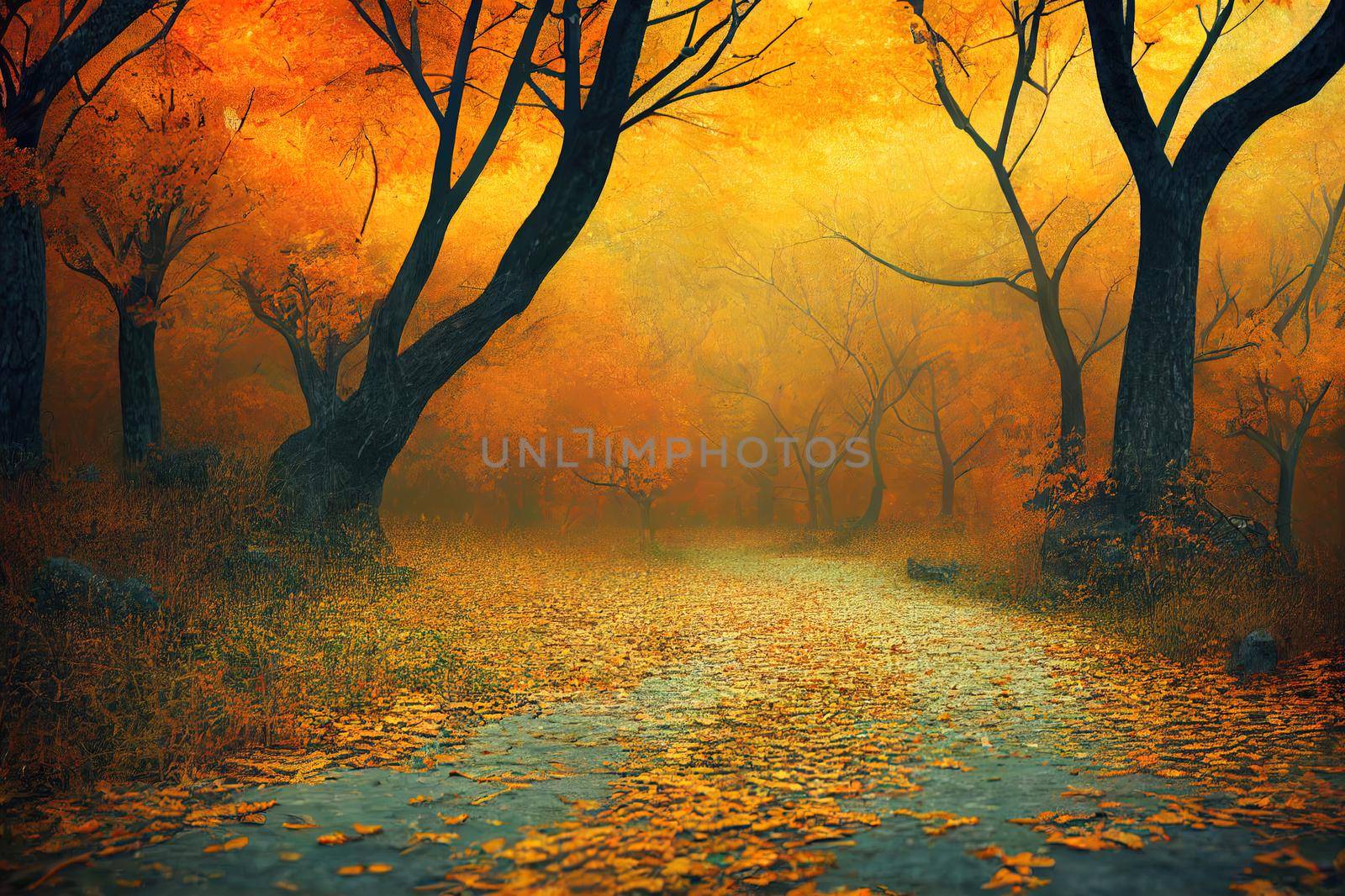 Autumn leaves of the forest road fall into the landscape on an autumn background, 3d render, Raster illustration.