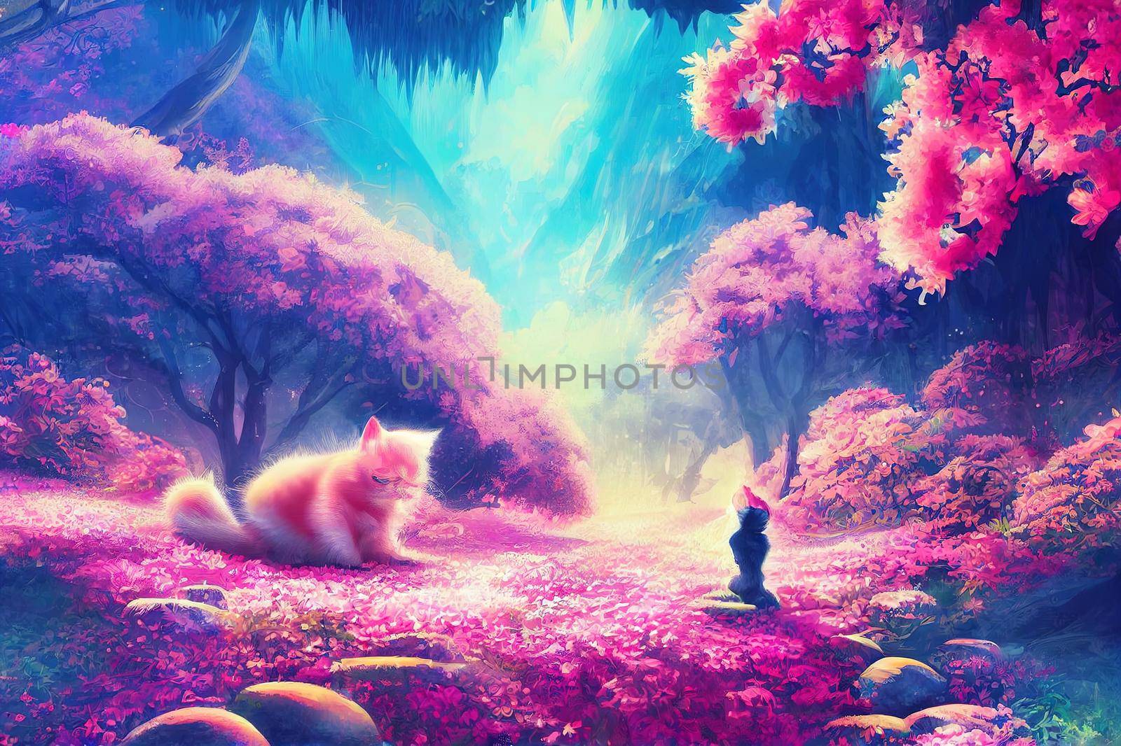 A fantasy japan kitty with flowers and a beautiful magical fairy tale enchanted forest. Artistic abstract beautiful nature. Perfect for phone wallpaper or for posters.