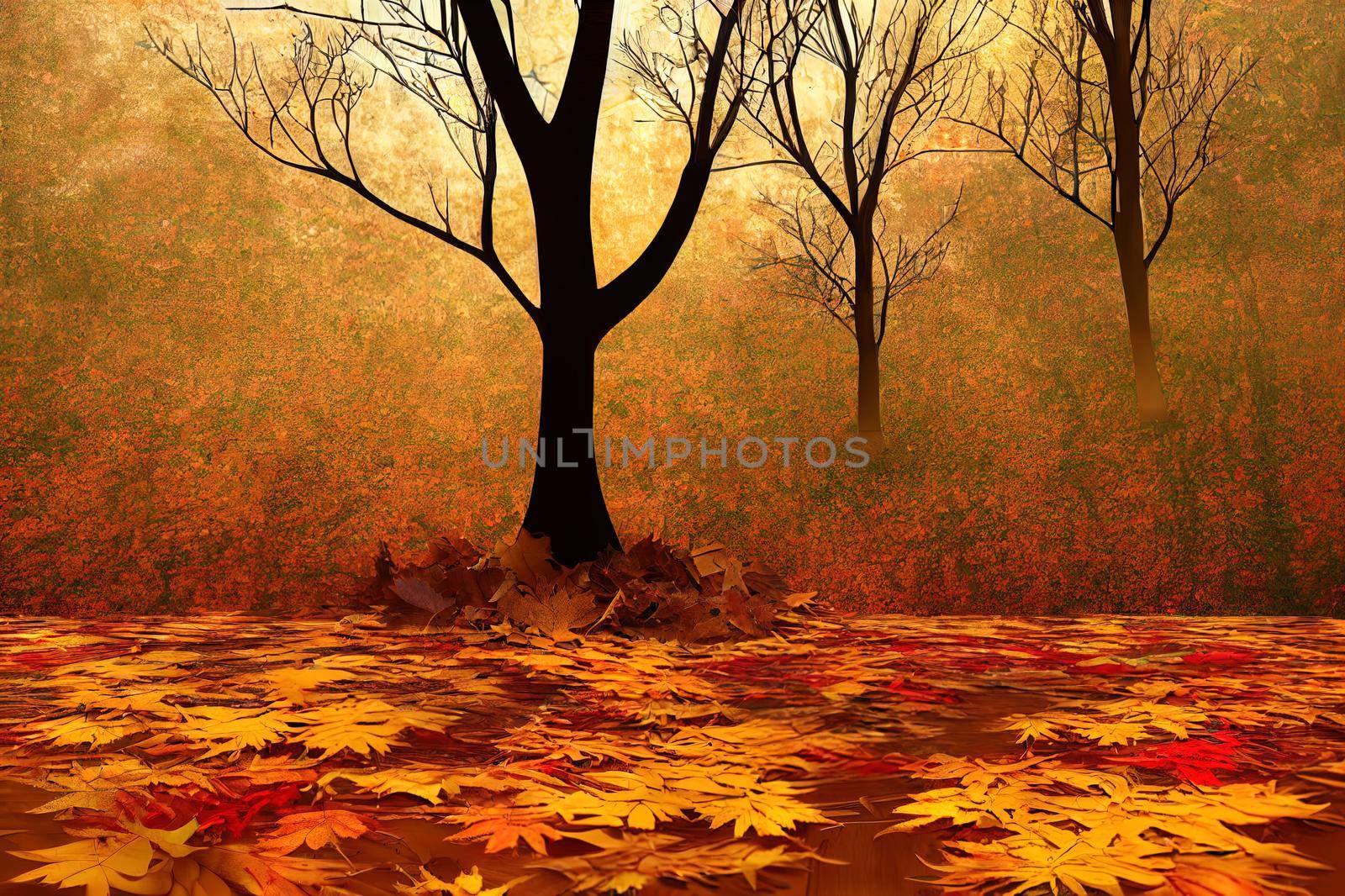 Autumn concept empty wooden podium surrounded by fallen leaves on white background 3d render