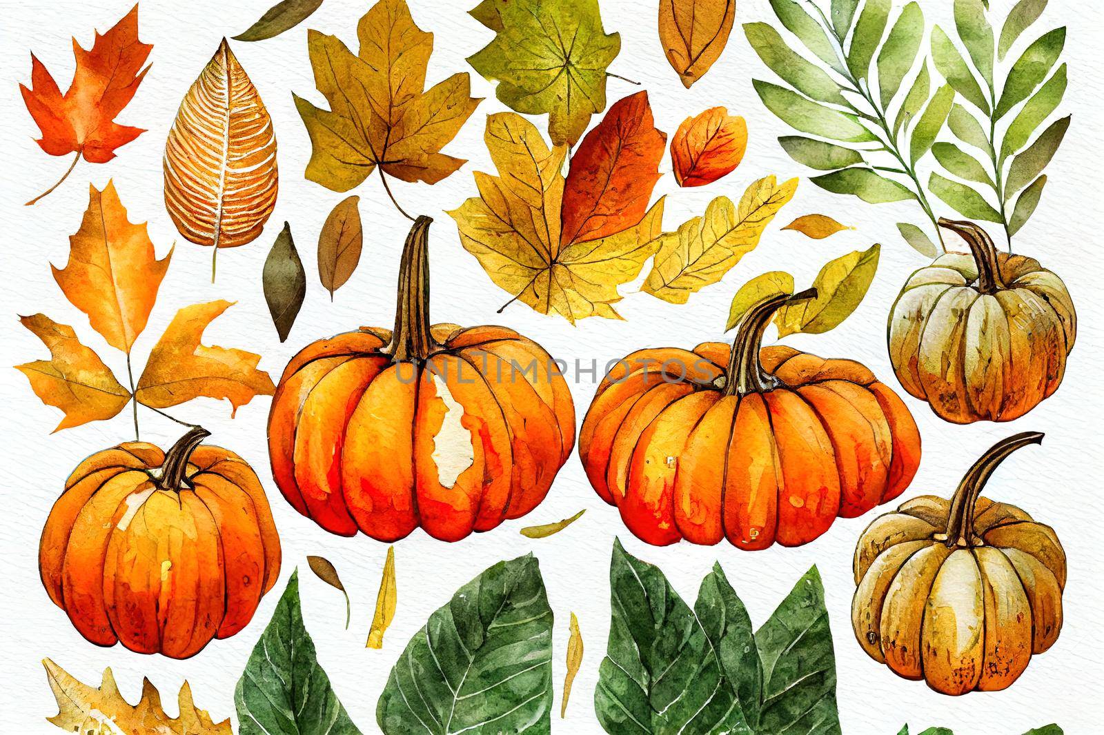 Autumn botanical frame with watercolor pumpkins, leaves, branches. Rectangle border with space for text. Hand painted fall plants illustrtaion.