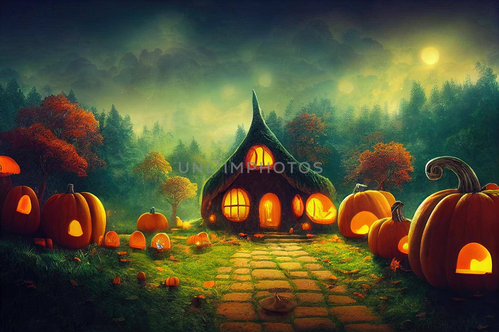 Beautiful fantasy forest, night scenery with pumpkin and mushroom by 2ragon