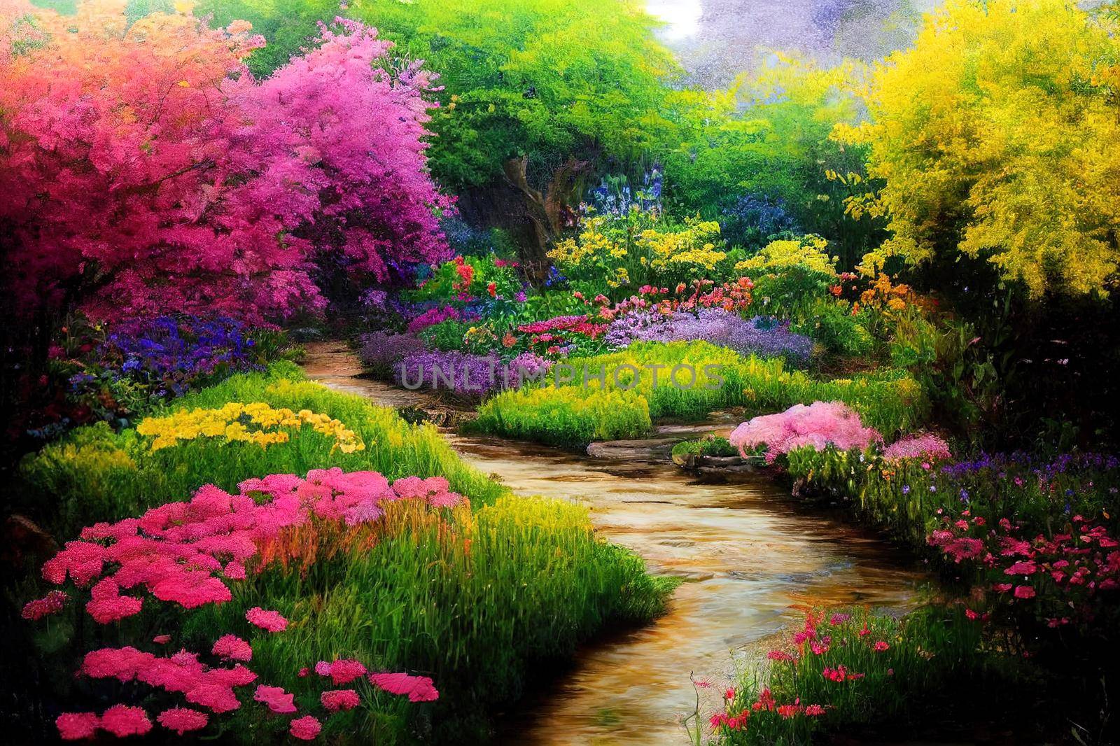 Beautiful colorful garden with flowers, trees and little rivers