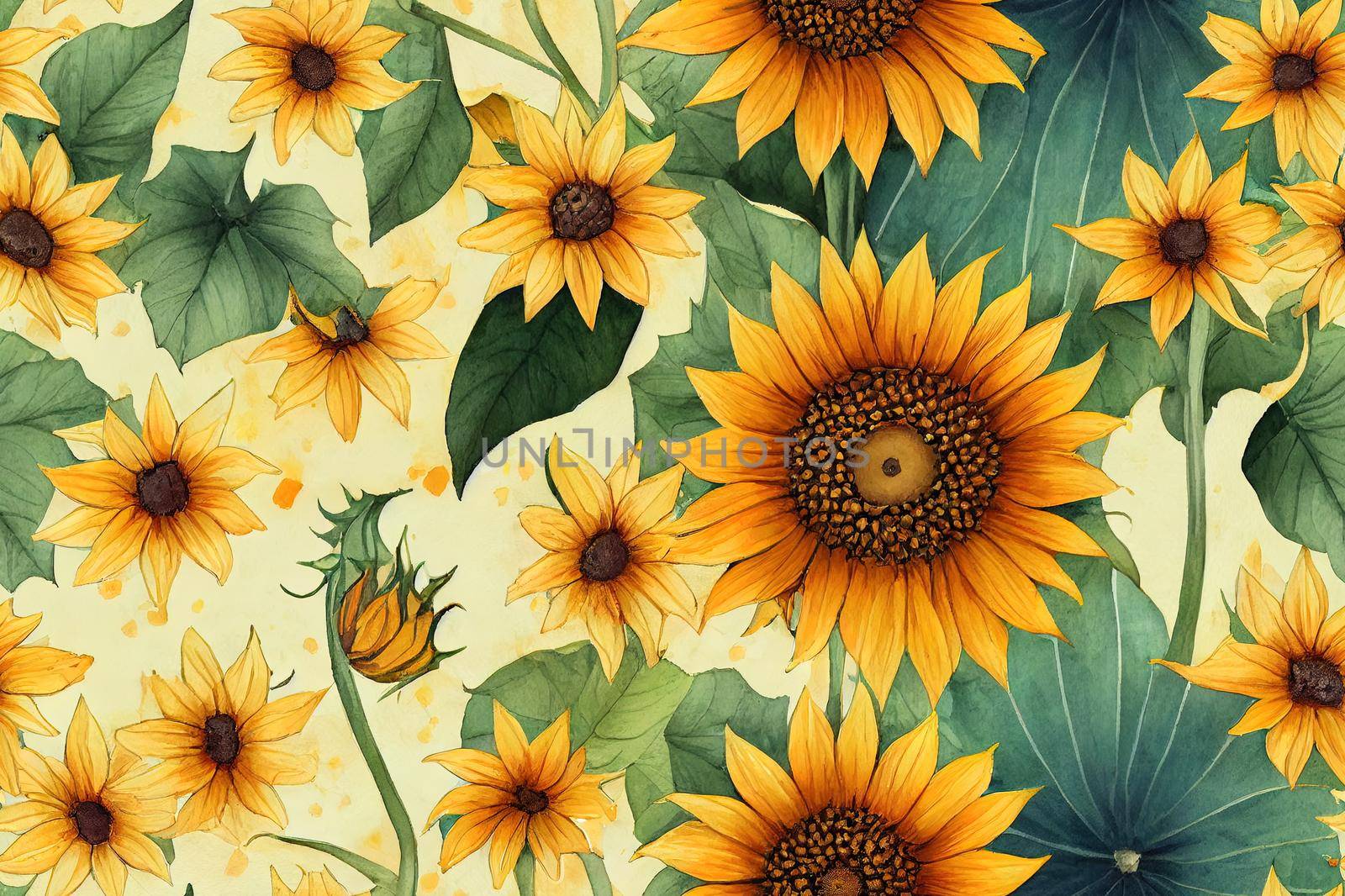 Seamless pattern of pumpkins and sunflowers, autumn background, watercolor drawings