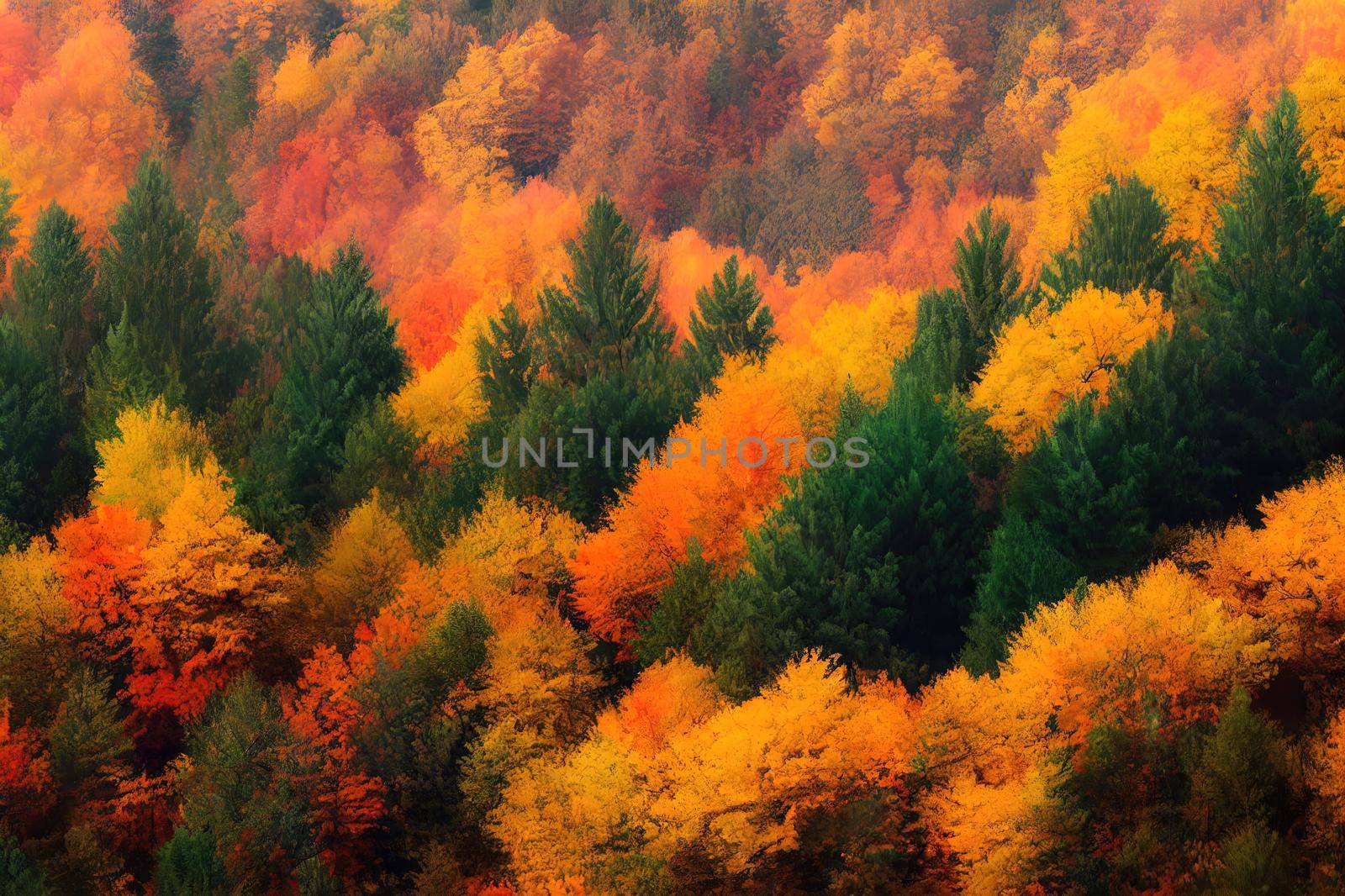 3D render forests and mountains in autumn on white background