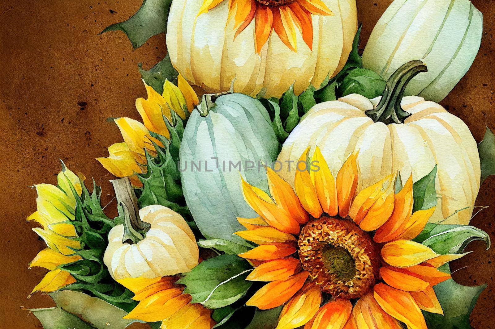 Watercolor white pumpkin autumn background with sunflower bouquet,Autumn arrangement,Farmhouse rustic fall decor,harvest Thanksgiving postcard isolated on white background