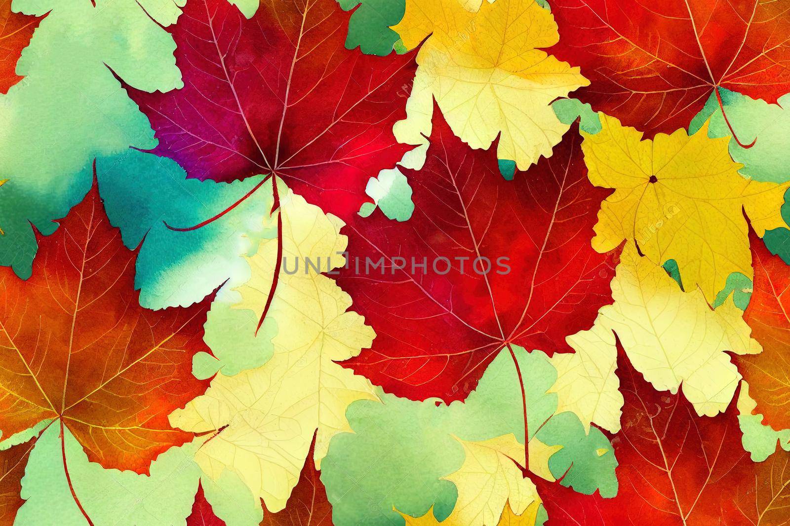 Beautiful seamless autumn pattern with watercolor colorful maple leaves. Stock illustration.