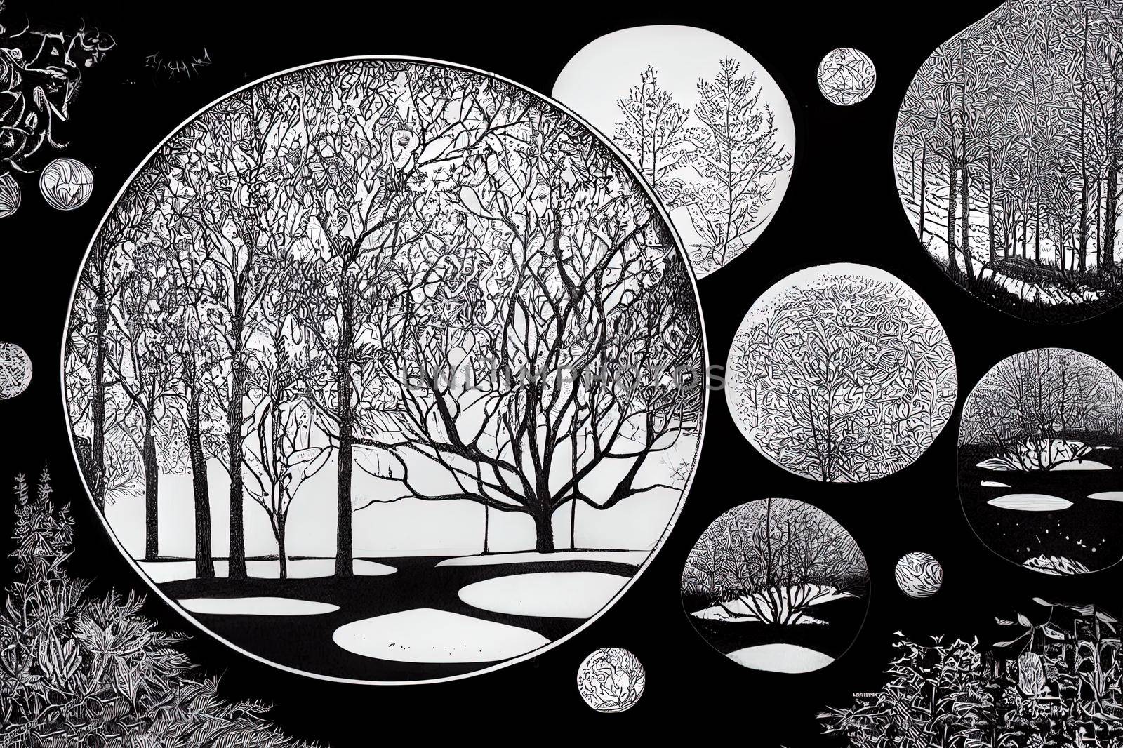 black and white drawing, round frame with a magic, by 2ragon