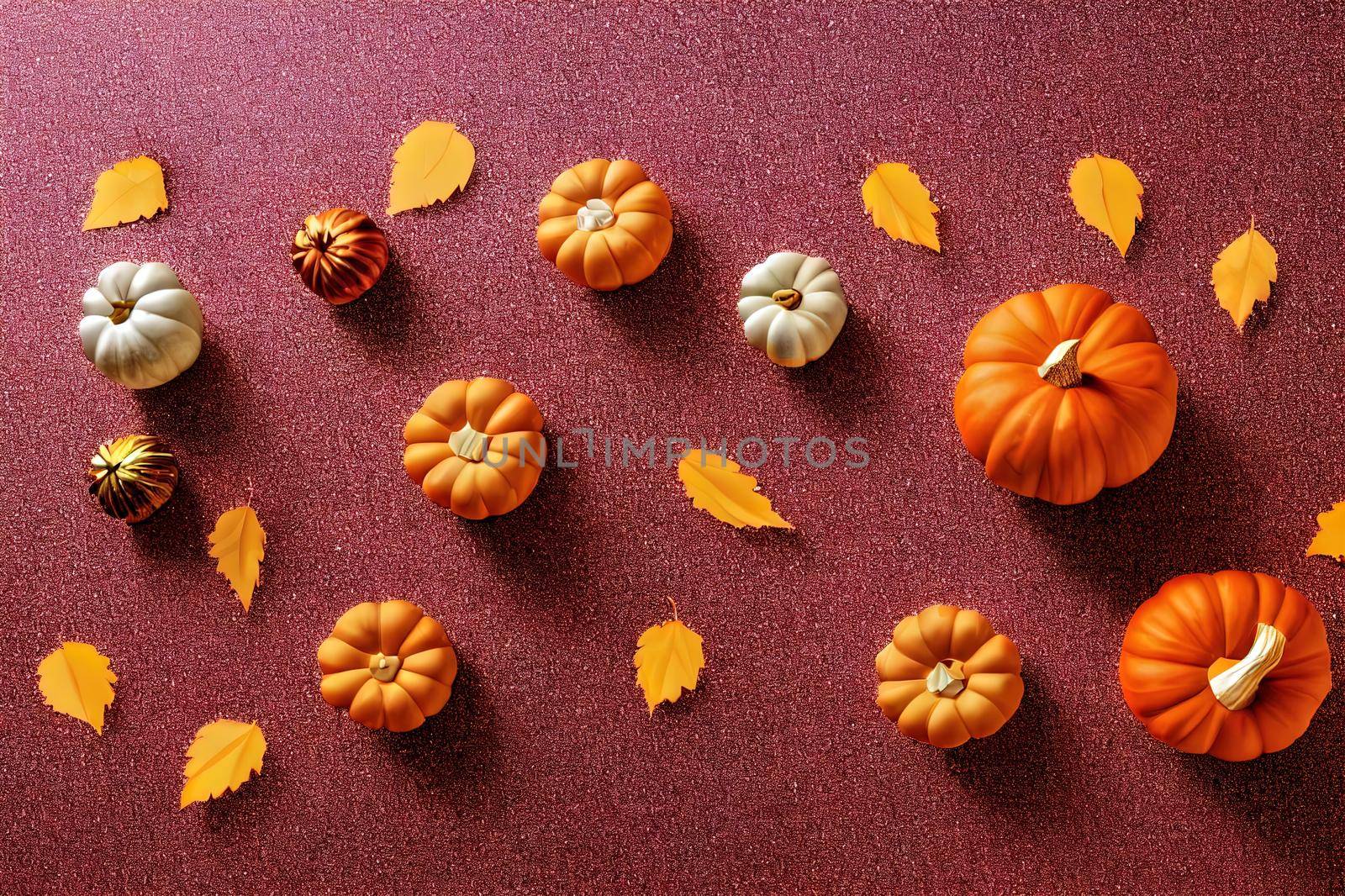 Autumn minimal concept with glitter pumpkin over orange background. Minimal abstract wallpaper concept. Flat lay. 3d render