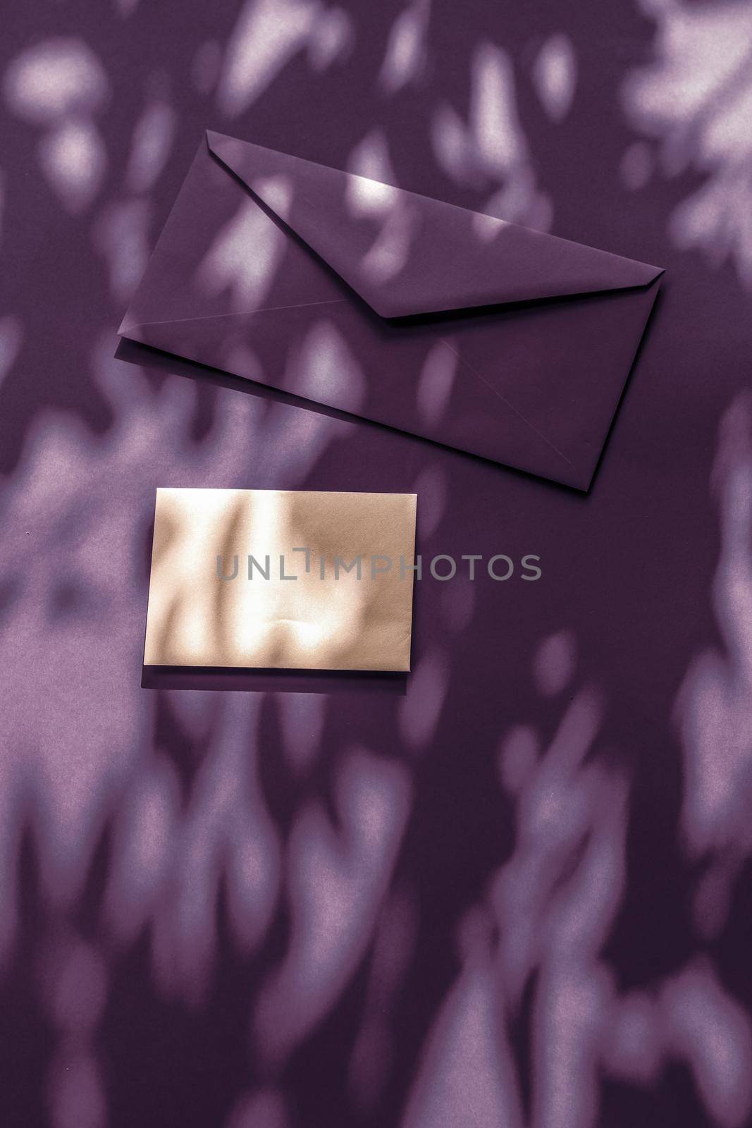 Holiday marketing, business kit and email newsletter concept - Beauty brand identity as flatlay mockup design, business card and letter for online luxury branding on plum shadow background