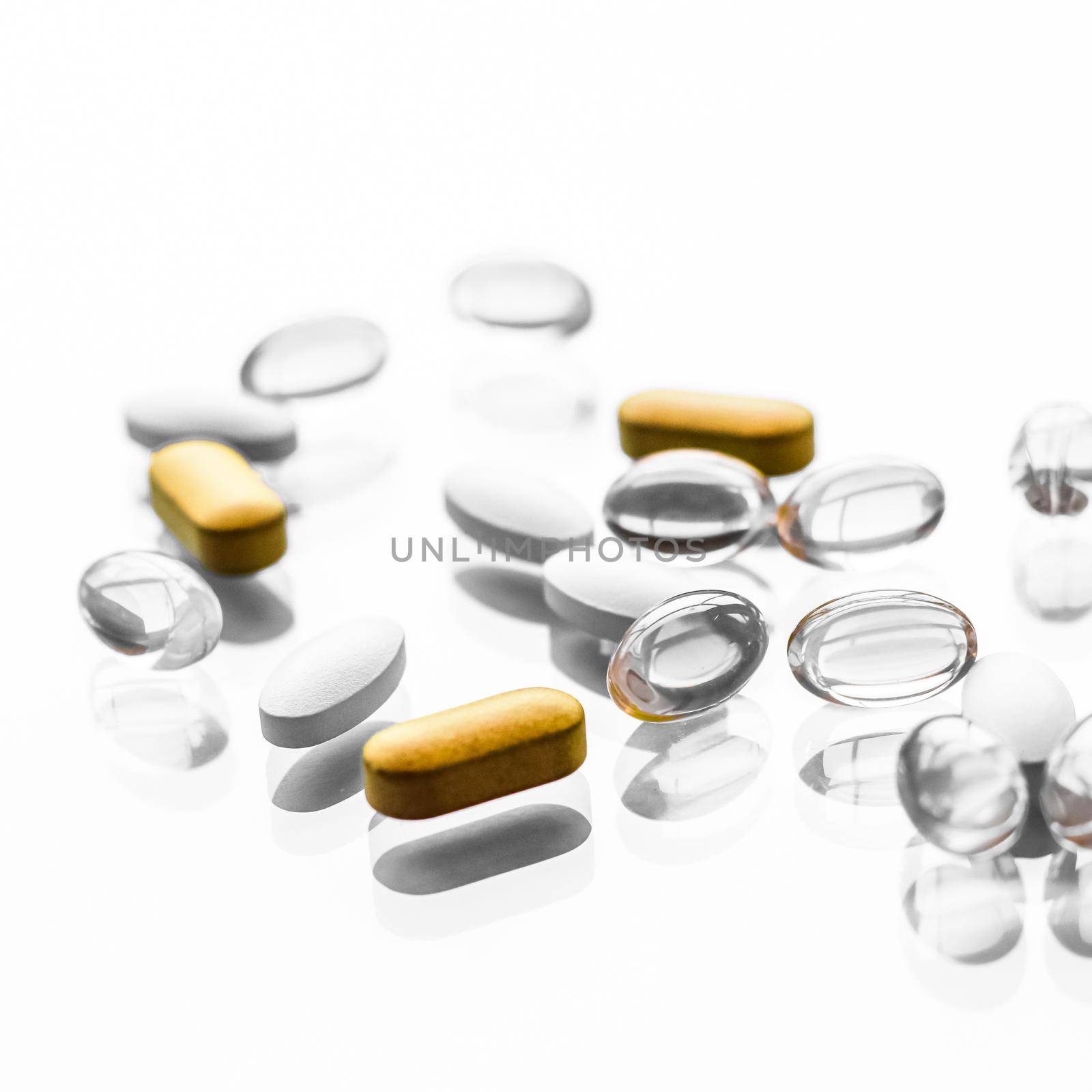 Pharma, branding and lab concept - Pills and capsules for diet nutrition, anti-aging beauty supplements, probiotic drugs, pill vitamins as medicine and healthcare cosmetics, pharmacy brand background