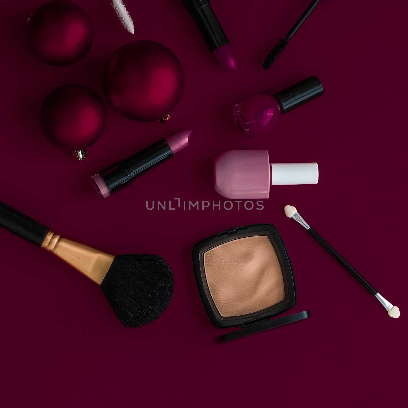 Cosmetic branding, fashion blog cover and girly glamour concept - Make-up and cosmetics product set for beauty brand Christmas sale promotion, luxury burgundy flatlay background as holiday design