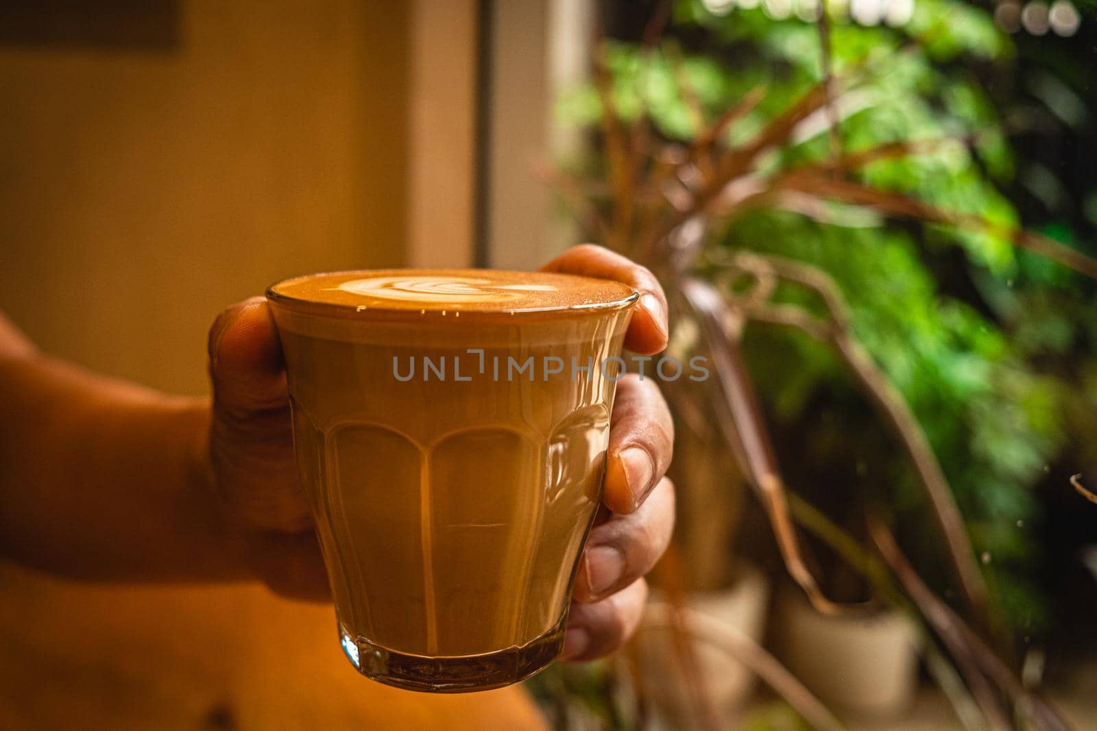 A cup of coffee latte top view with leaf shape foam