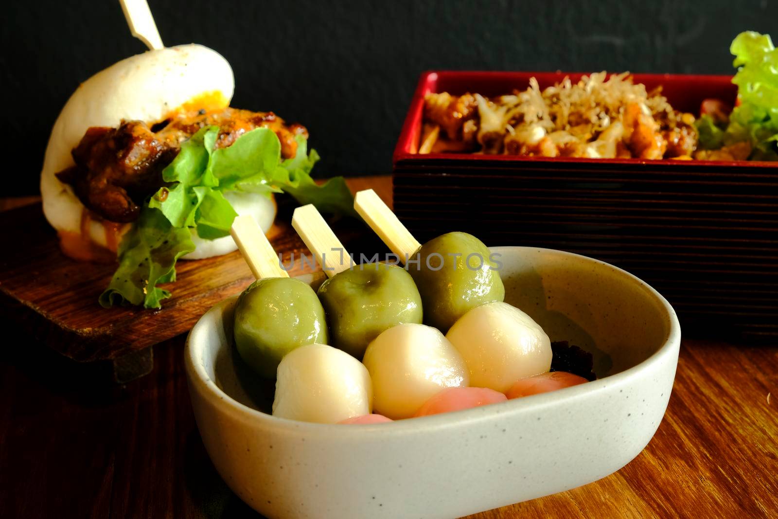 Color Dango in ceramic bowl Japanese dumping good tesr food travel cuisine