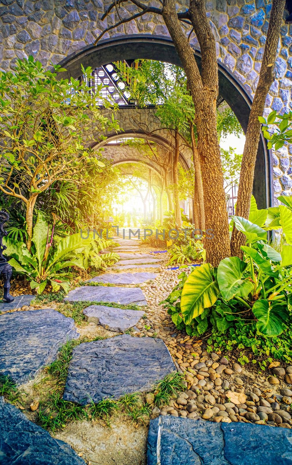 garden with natural arch entrance and sun rays, magical door gates in fabulous green forest by Petrichor