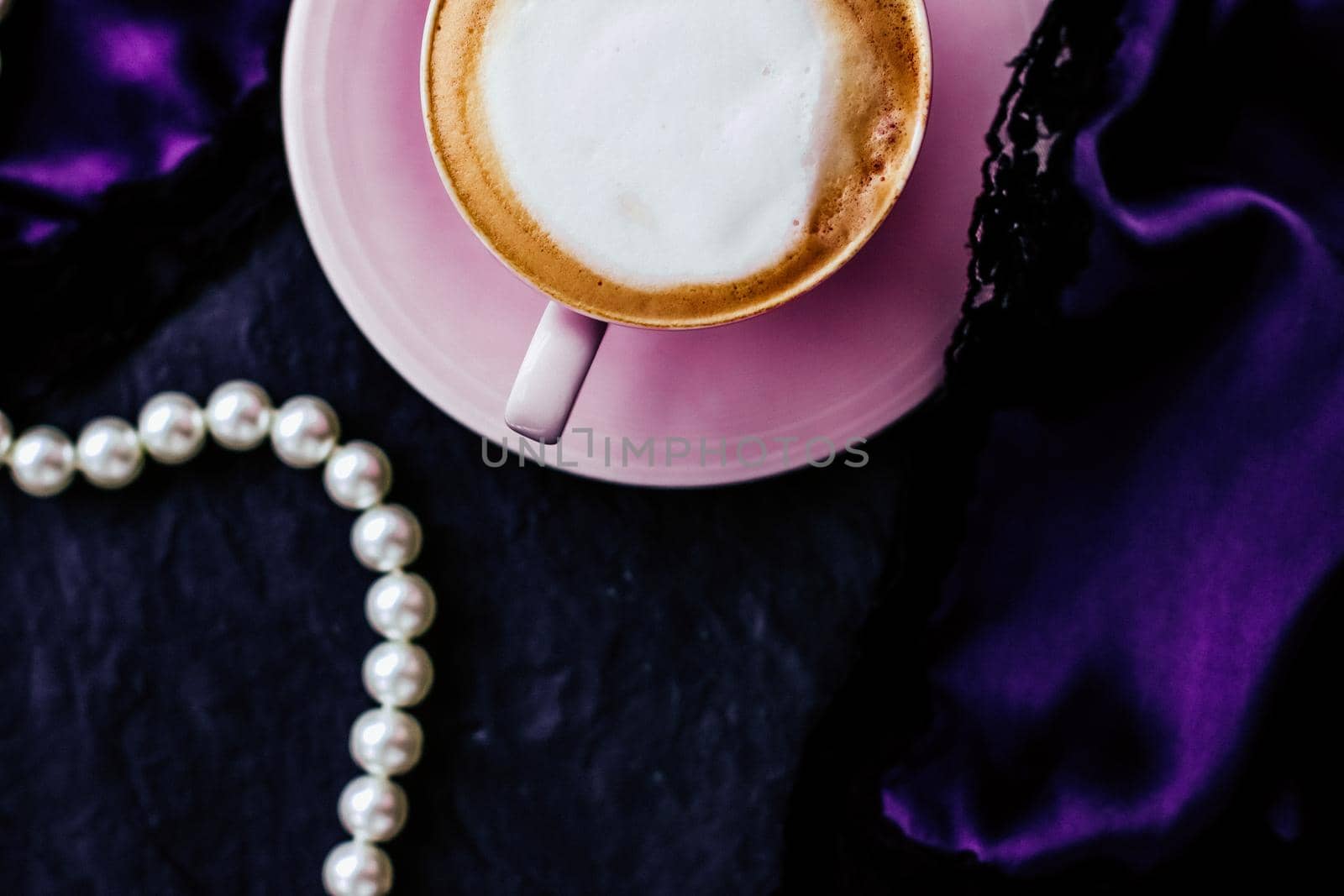 Cup of cappuccino for breakfast with satin and pearls jewellery background, organic coffee with lactose free milk in parisian cafe for luxury vintage holiday brand by Anneleven