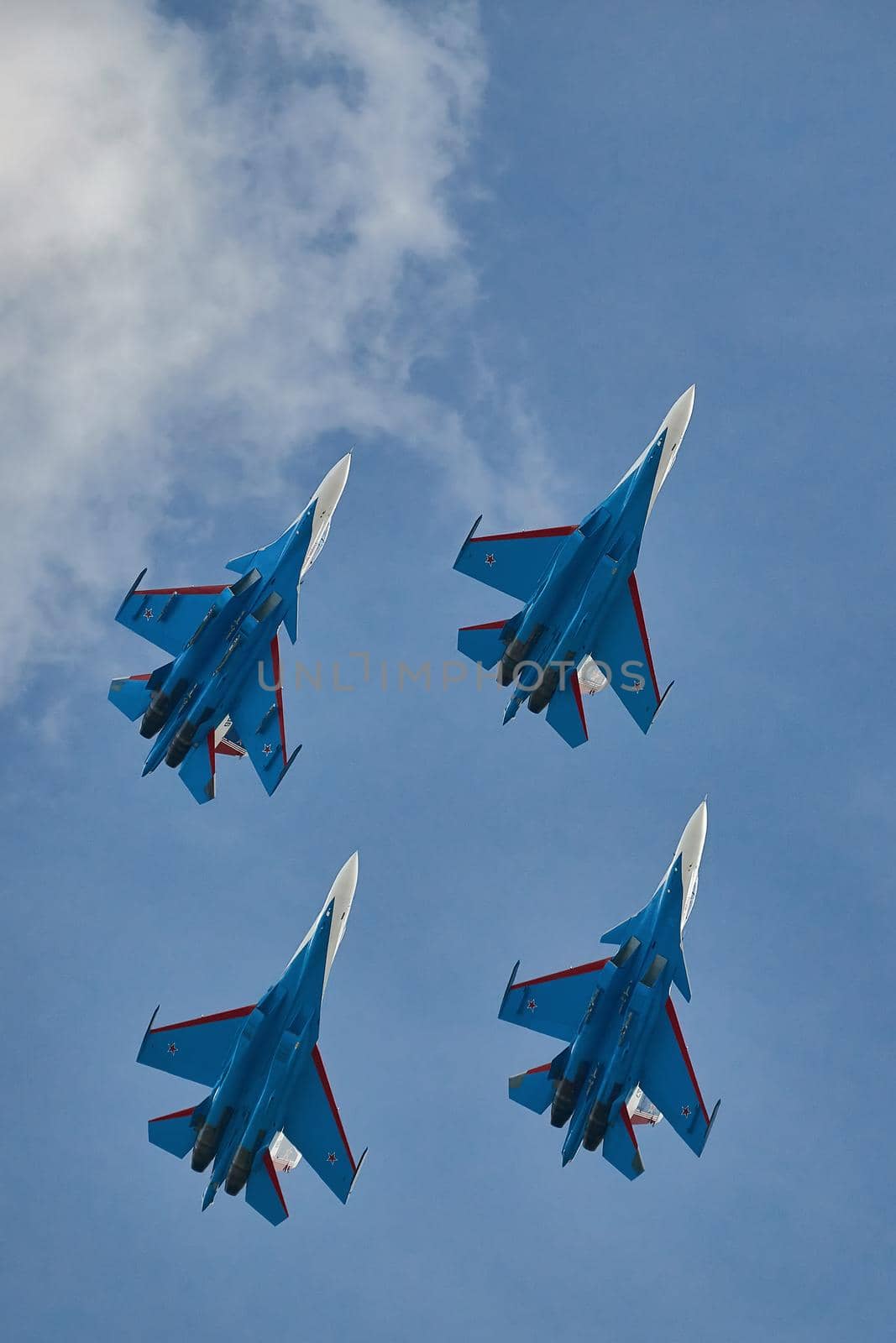 Performance of the aerobatic team Russian Knights, Russian Air Force. On planes Sukhoi Su-30SM, NATO code name: Flanker-C. International Military-Technical Forum Army-2020 . 09.25.2020, Moscow, Russia