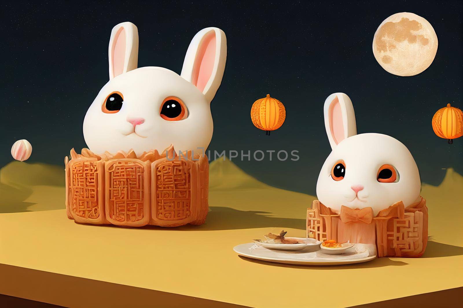 3d illustration of cute rabbits sitting on baked mooncake to watch beautiful night scenery with Chinese palace aside. Translation Happy mid autumn festival.