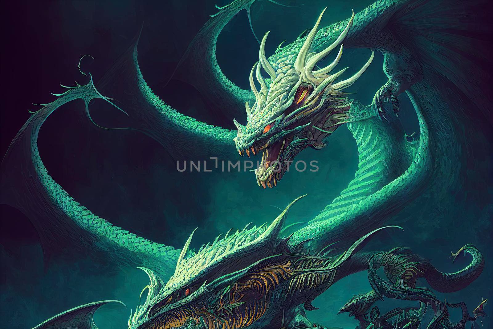 a dragon with two heads fantasy frame , epic illustration, concept art style