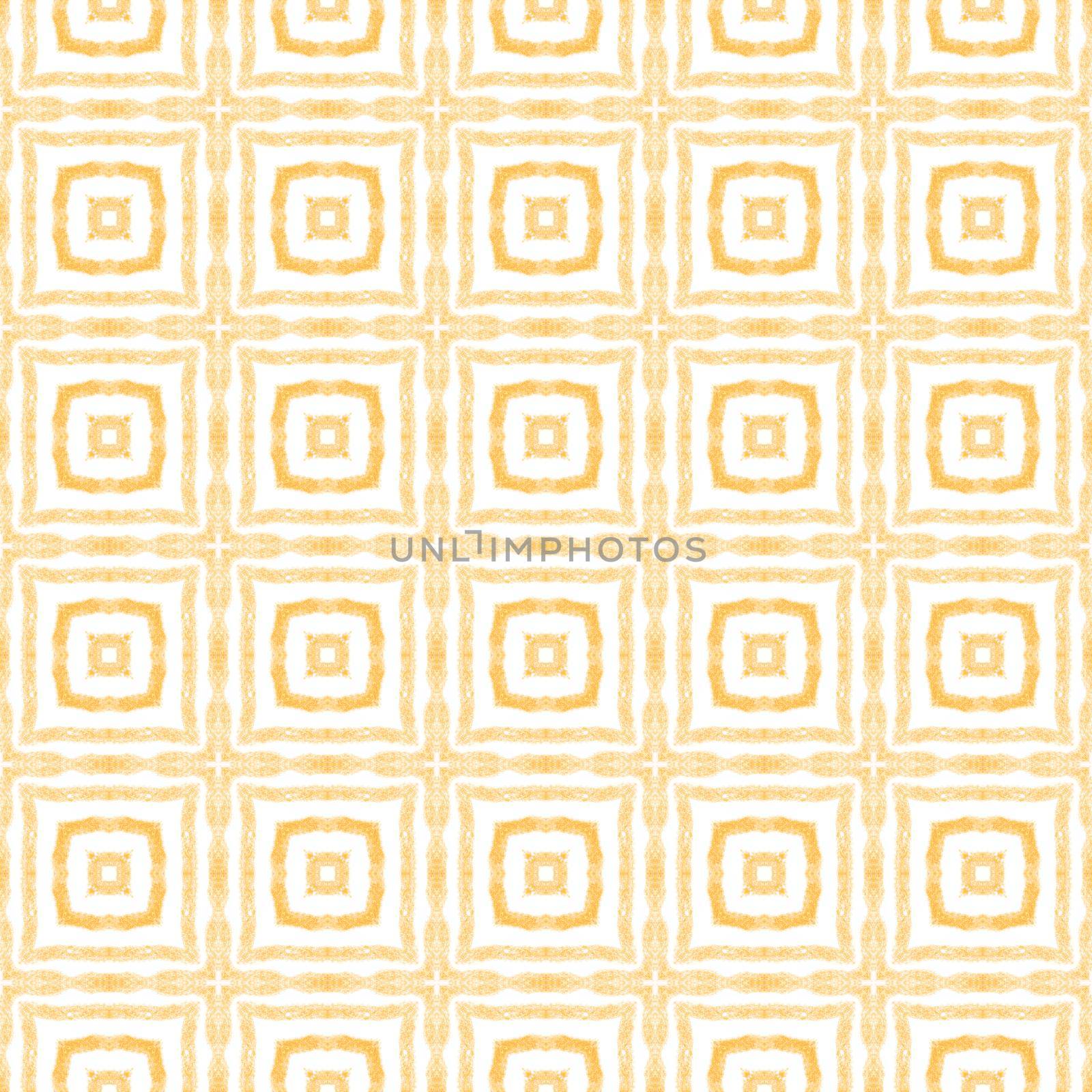 Ikat repeating swimwear design. Yellow symmetrical kaleidoscope background. Textile ready magnificent print, swimwear fabric, wallpaper, wrapping. Summer ikat sweamwear pattern.