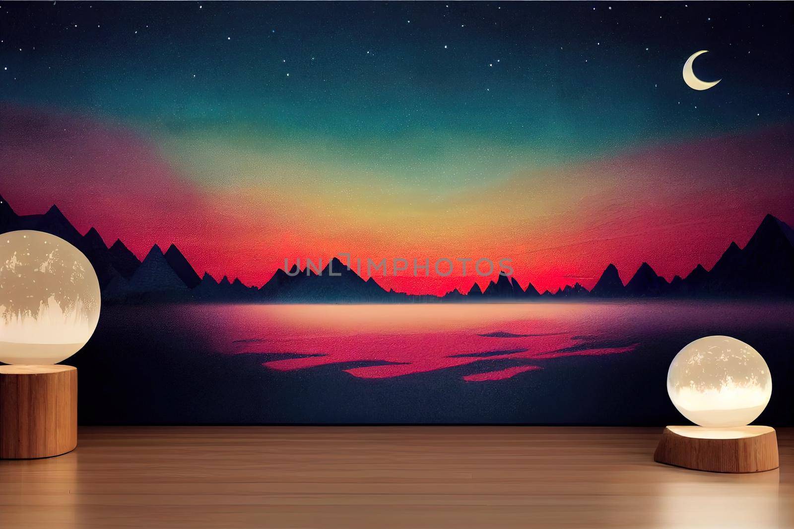 Night fantasy landscape with abstract mountains and island on the water, wooden house on the shore, moonlight, fog, night lamp. 3D