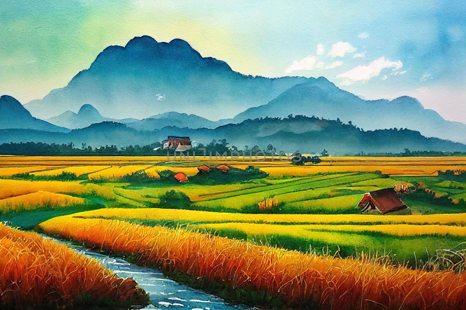 Watercolor landscape original paintings on paper colorful of Village cottage, rice field, farmer farm with mountain and sky, cloud background. Hand painted beauty nature autumn season in Thailand.