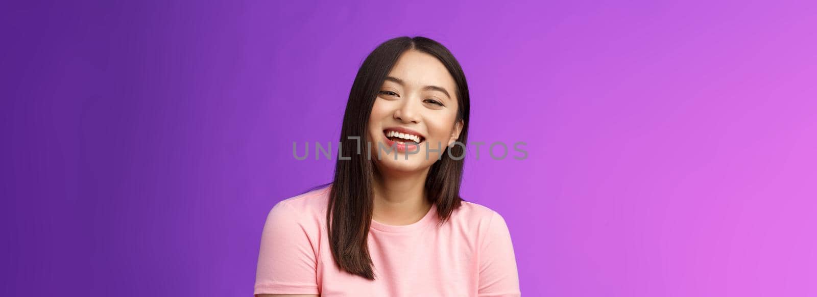 Close-up charismatic cheerful attractive young asian female having fun, enjoy summer holidays, laughing happily, giggle show perfect white toothy smile, nod satisfied, express joy happiness by Benzoix