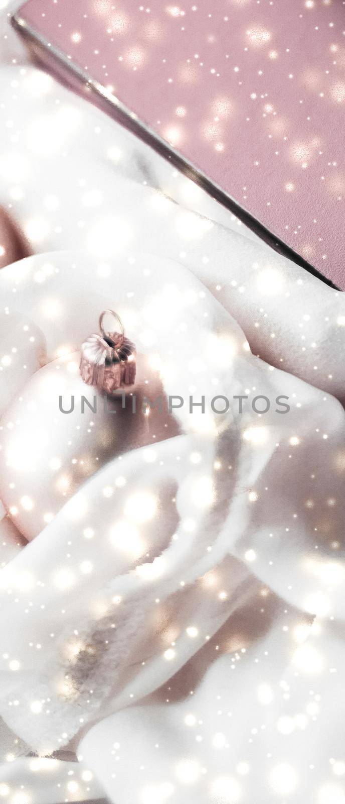 Holidays branding, glamour and decoration concept - Christmas magic holiday background, festive baubles, blush pink vintage gift box and gold glitter as winter season present for luxury brand design