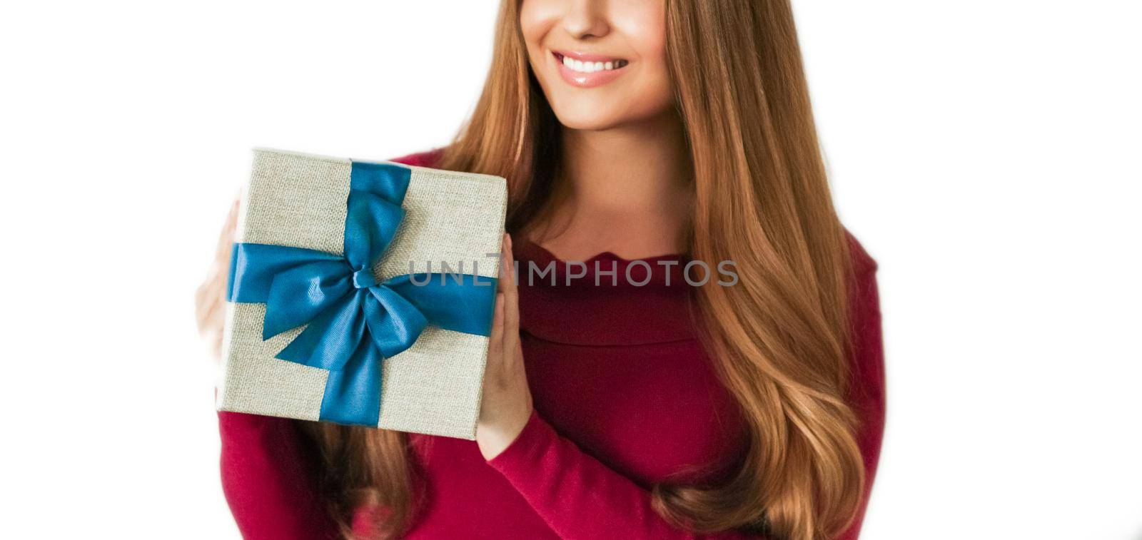 Birthday, Christmas or holiday present, happy woman holding a green gift or luxury beauty box subscription delivery isolated on white background, portrait