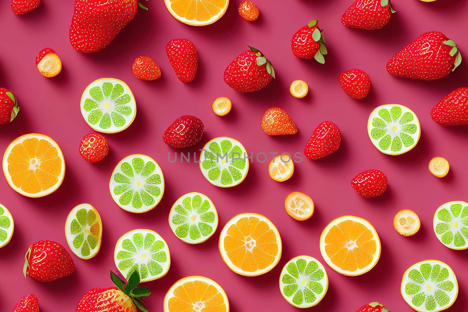 Fruit pattern.Cute fresh strawberry with pink polka dot isolated on white background.Design for print screen backdrop ,Fabric and tile wallpaper.Cartoon fruits.