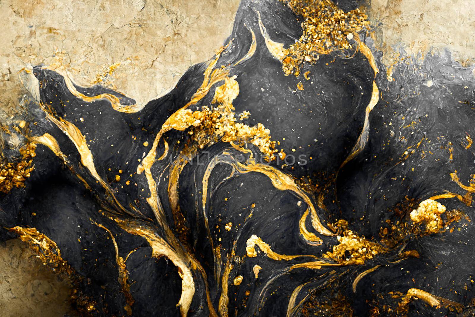 Spectacular dark black and gold ink swirled around. Digital art 3D illustration. by biancoblue