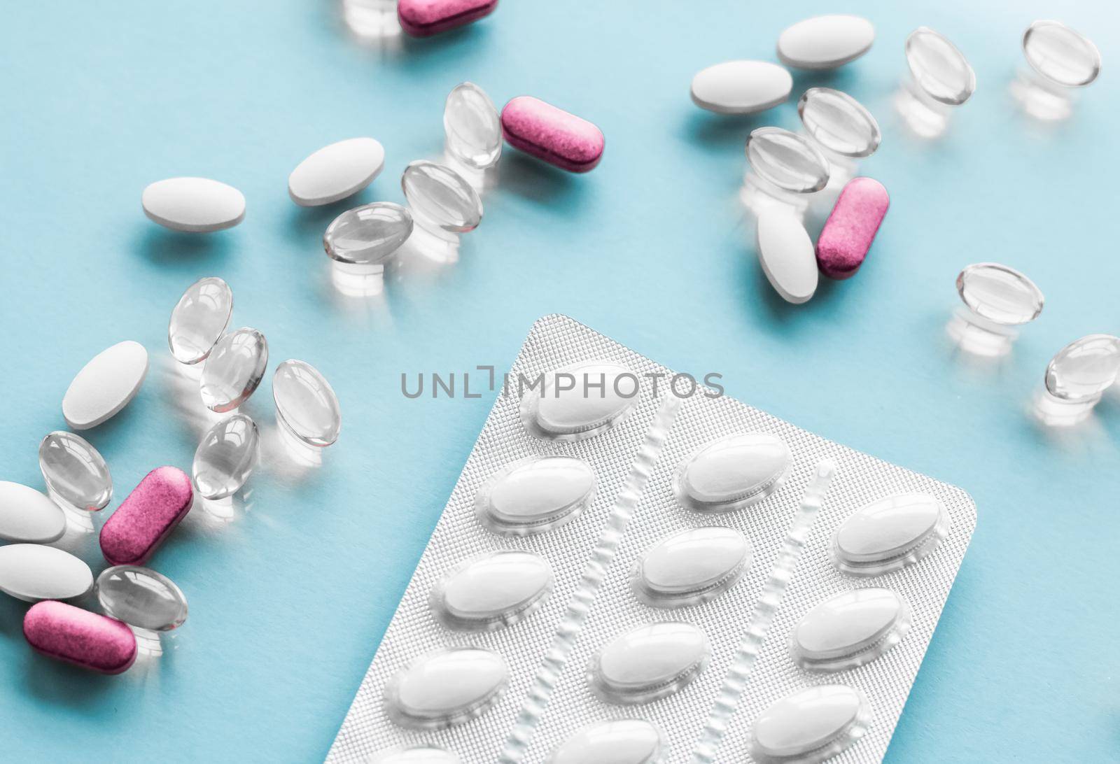 Pharma, branding and lab concept - Pills and capsules for diet nutrition, anti-aging beauty supplements, probiotic drugs, pill vitamins as medicine and healthcare cosmetics, pharmacy brand background