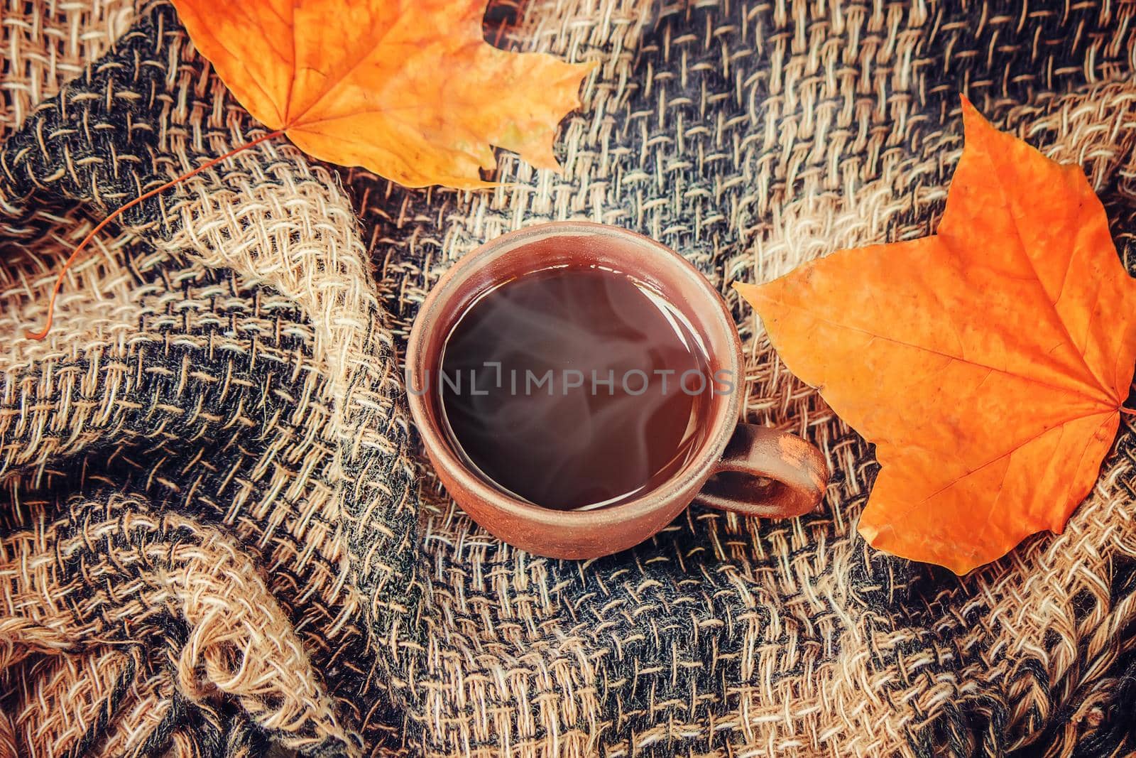 A cup of tea and a cozy autumn background. Selective focus. by yanadjana